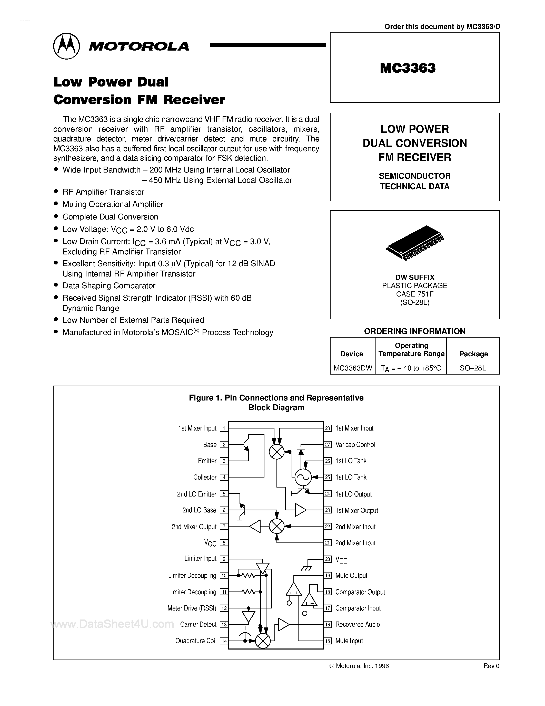 Datasheet MC3363 page 1 Datasheet MC3363 - LOW POWER DUAL CONVERSION FM RECEIVER page 1