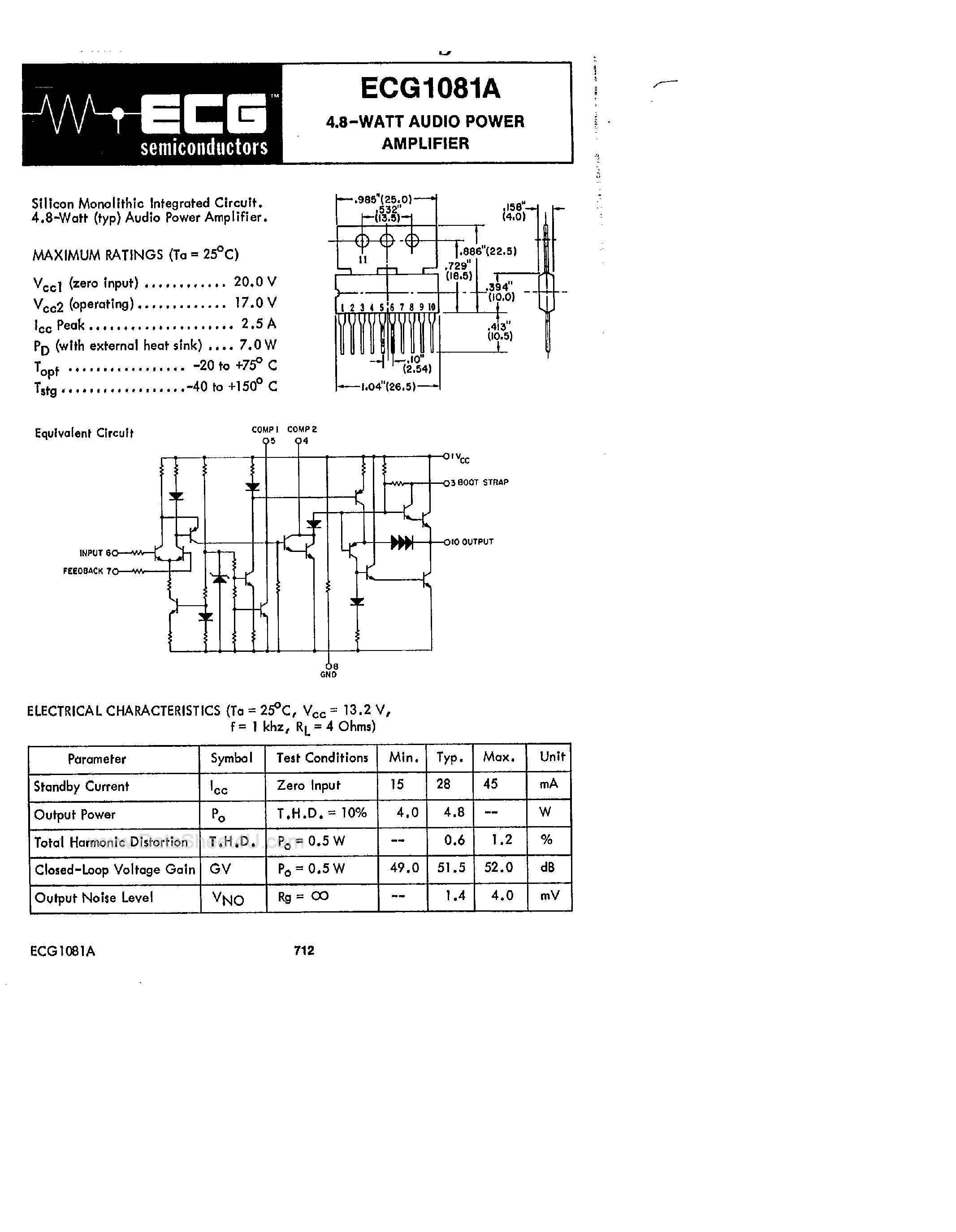 Даташит на микросхему ECG1081A страница 1 Даташит ECG1081A - 4.8 Watt Audio Power Amplifier страница 1