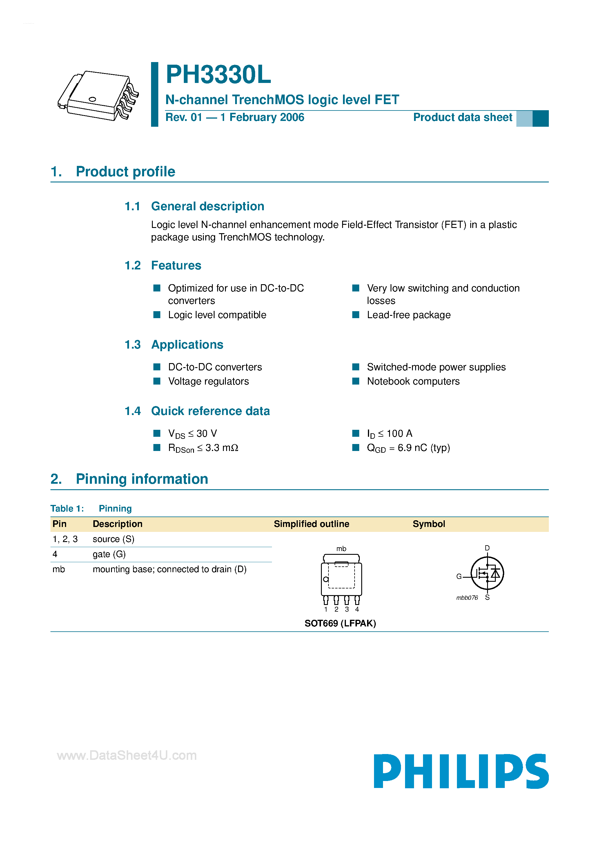 Datasheet PH3330L - N-Channel TrenchMOS Logic Level FET page 1