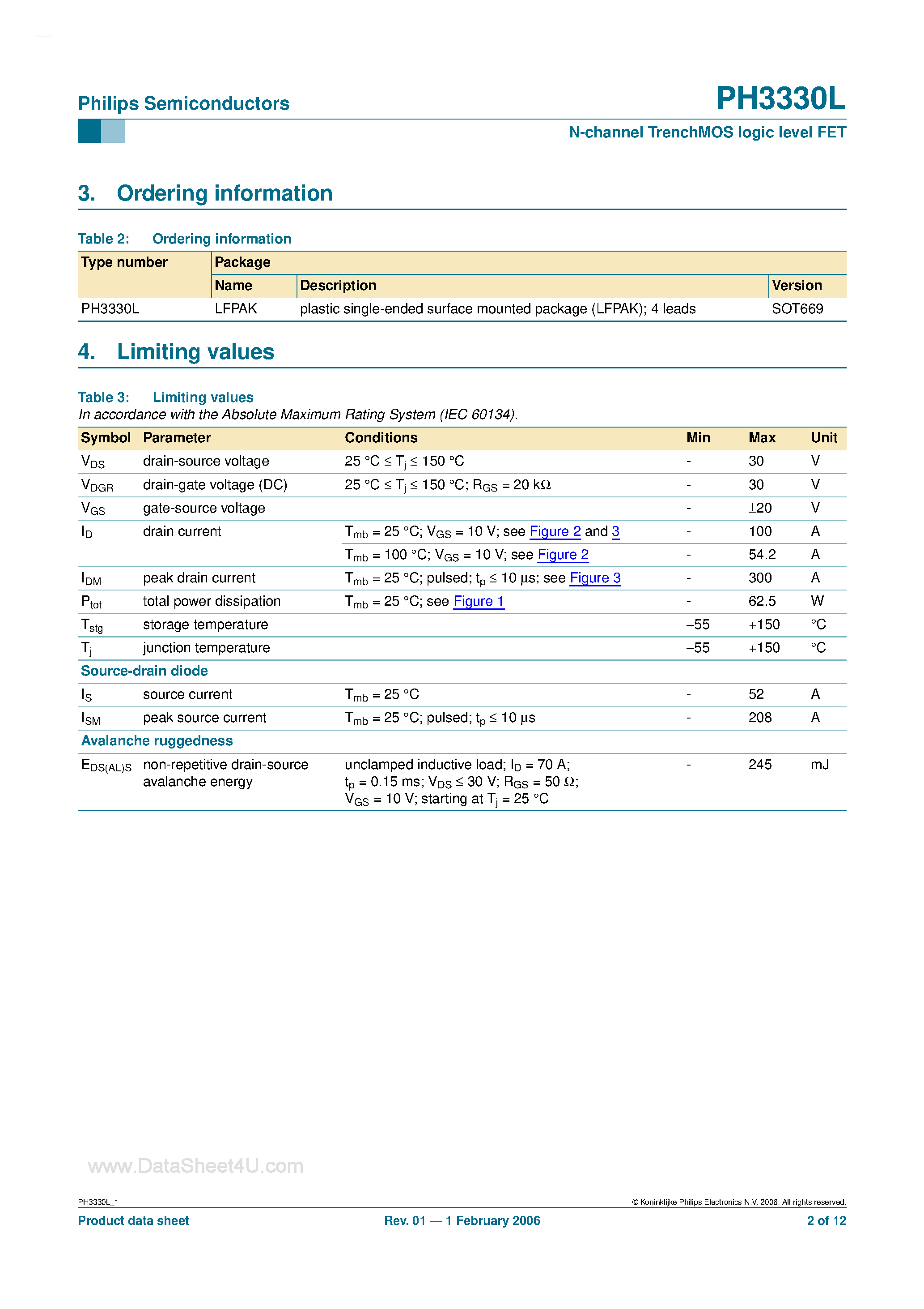 Datasheet PH3330L - N-Channel TrenchMOS Logic Level FET page 2