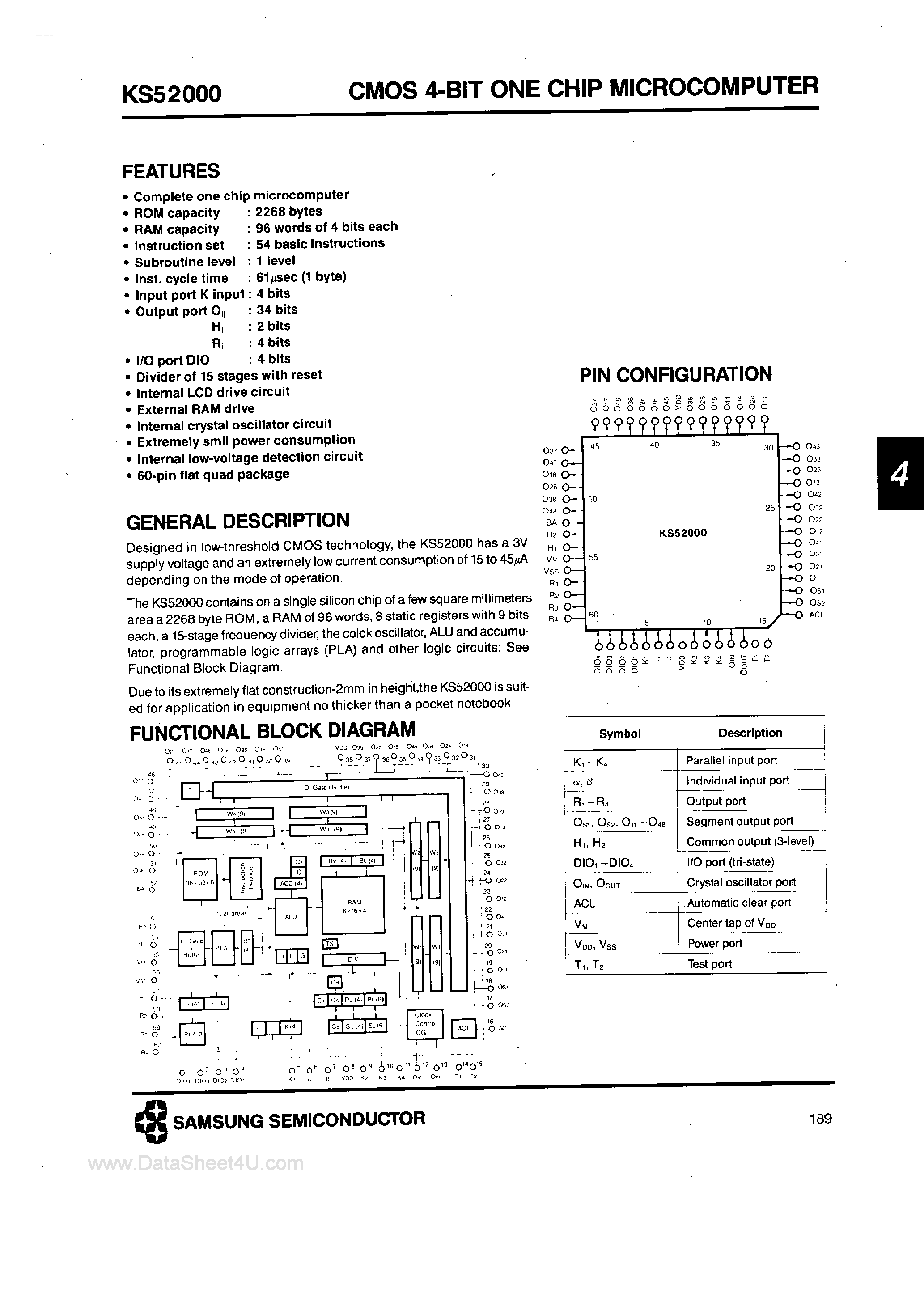 Datasheet KS52000 - CMOS 4-Bit One Chip Microcomputer page 1
