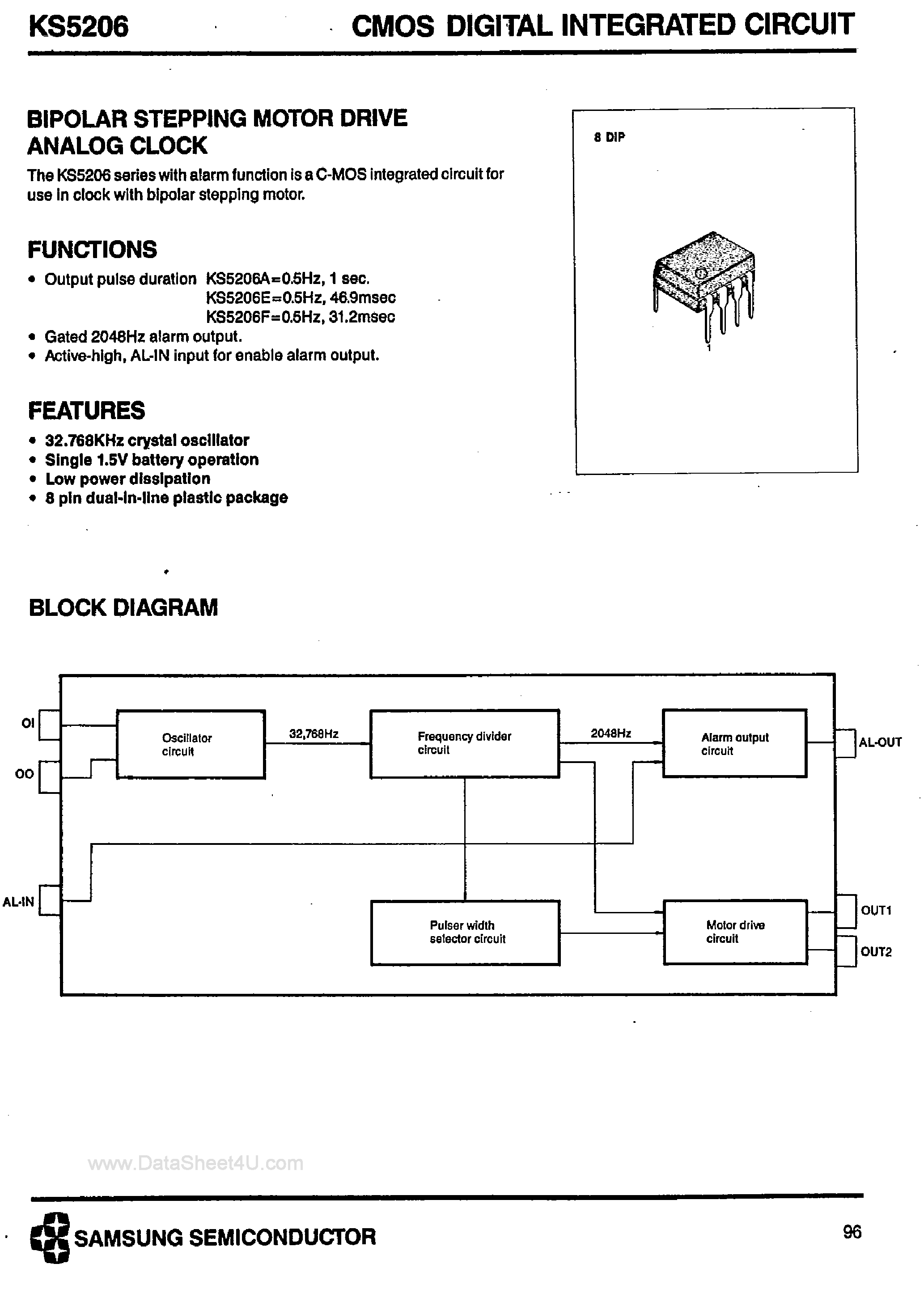 Даташит KS5206 - Bipolar Stepping Motor Drive Analog Clock страница 1