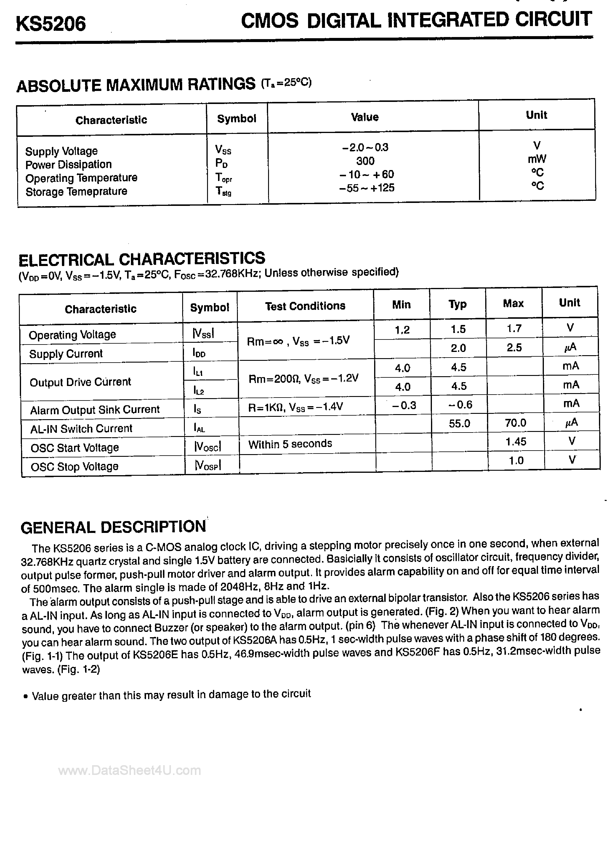Даташит KS5206 - Bipolar Stepping Motor Drive Analog Clock страница 2