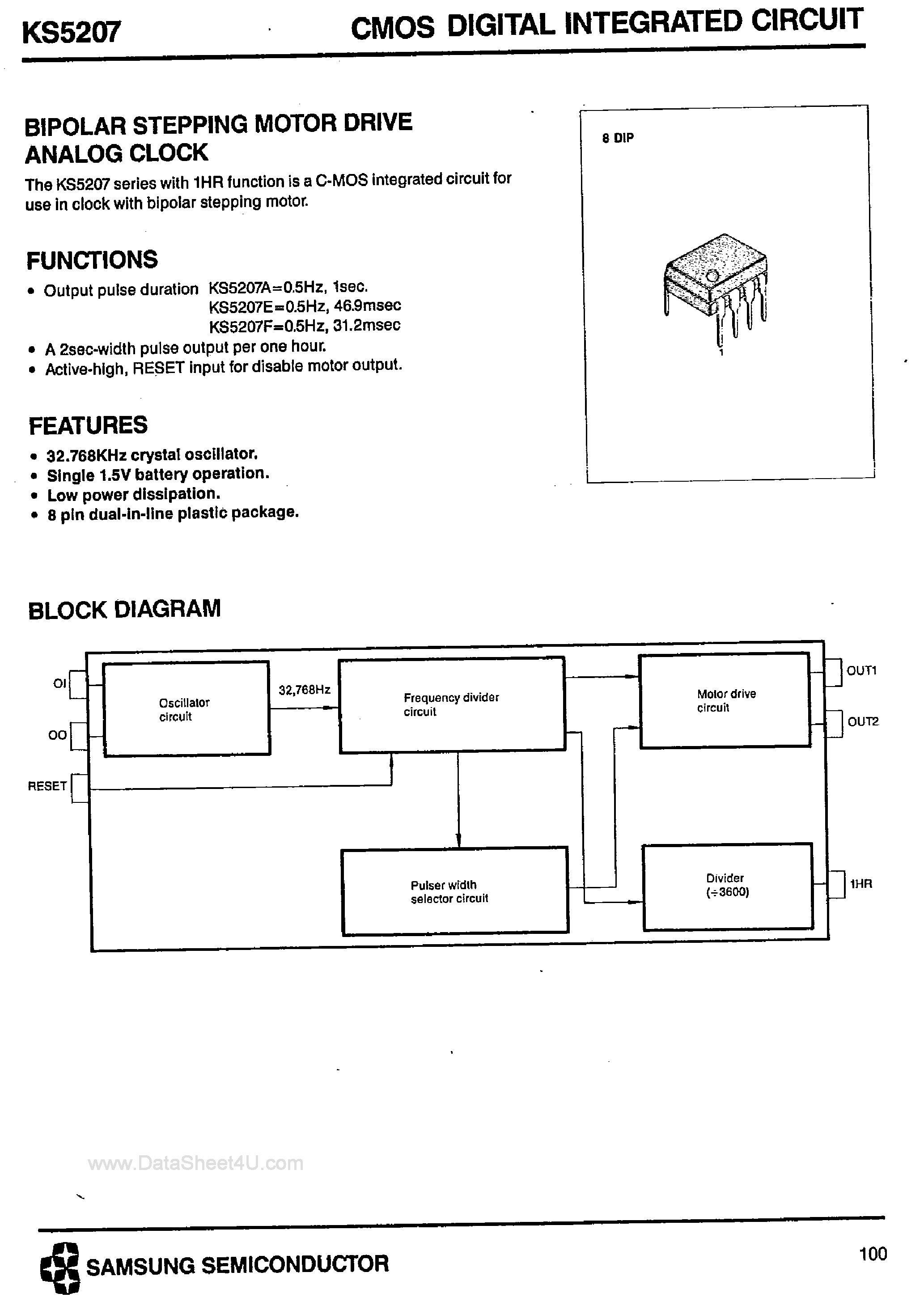 Даташит KS5207 - Bipolar Stepping Motor Drive Analog Clock страница 1