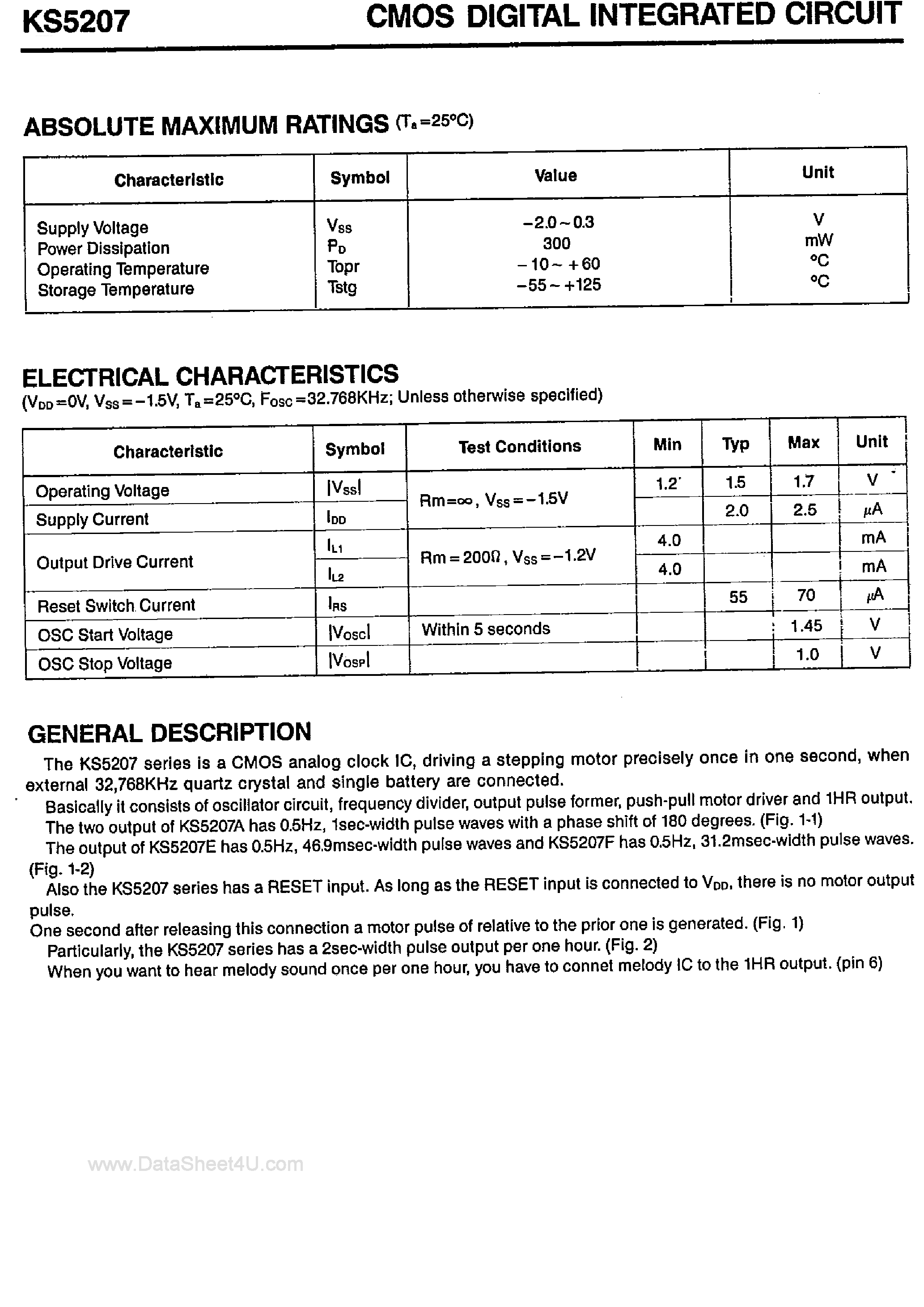 Даташит KS5207 - Bipolar Stepping Motor Drive Analog Clock страница 2