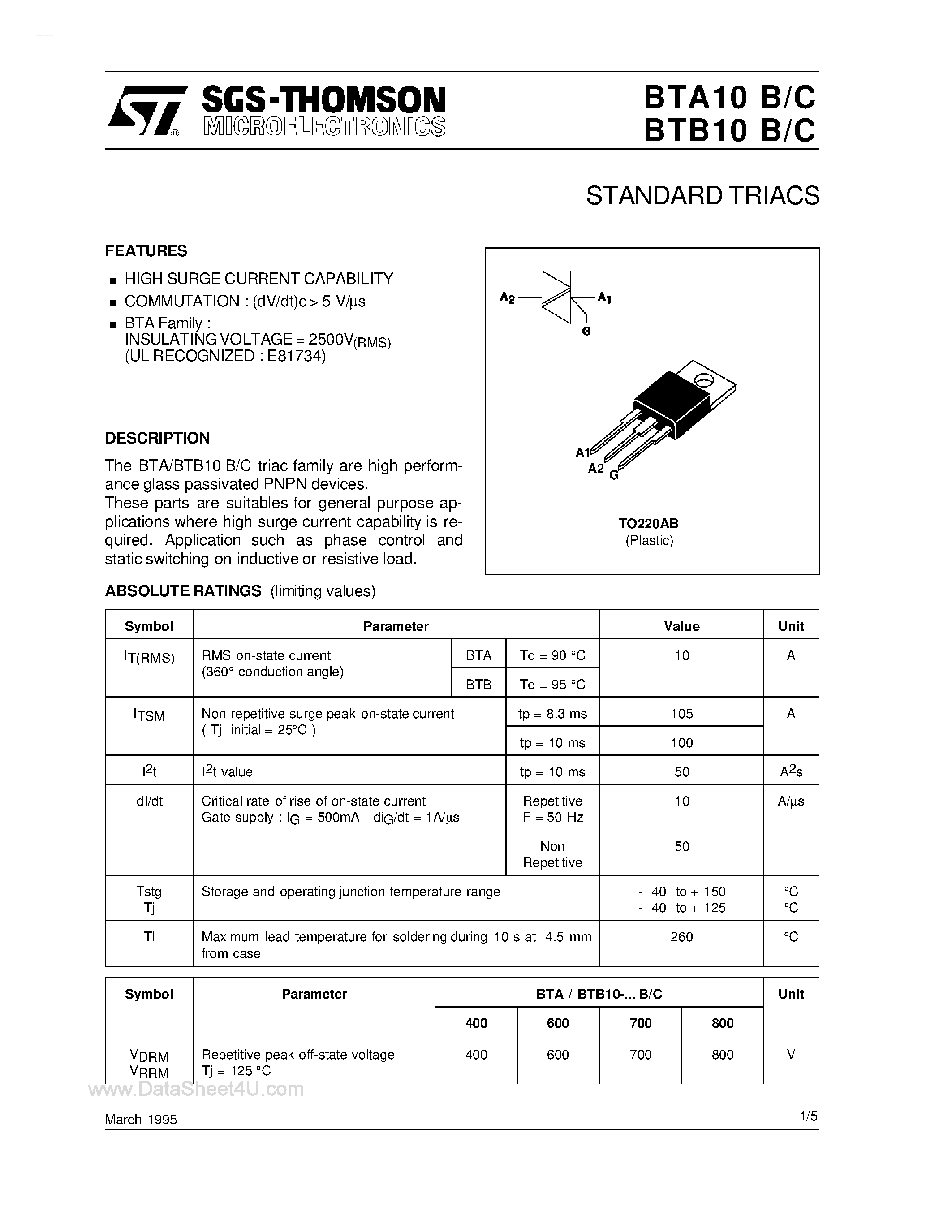 Даташит BTA10-400B - (BTA10-B/C) Standard Triacs страница 1