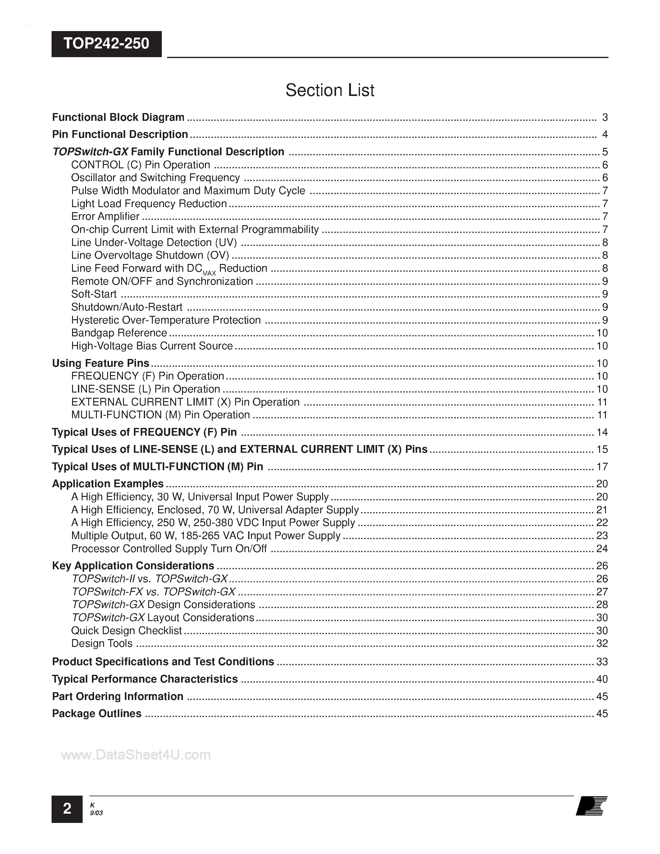 Даташит на микросхему TOP242 страница 2 Даташит TOP242 - (TOP242 - TOP250) up to 290 W Extended Power / Integrated Off-line Switcher Family страница 2