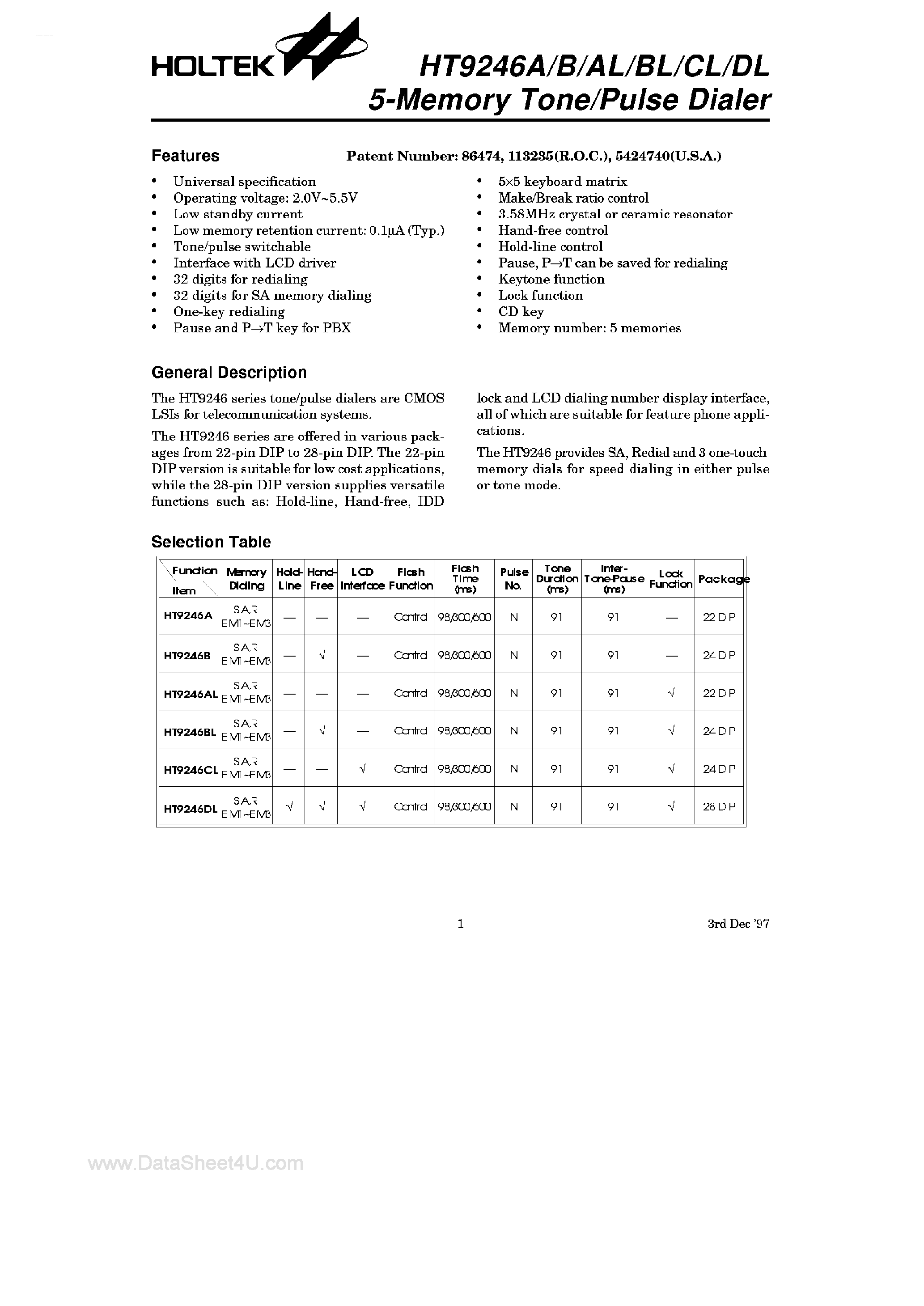 Datasheet HT9246 - 5-Memory Tone / Pulse Dialer page 1