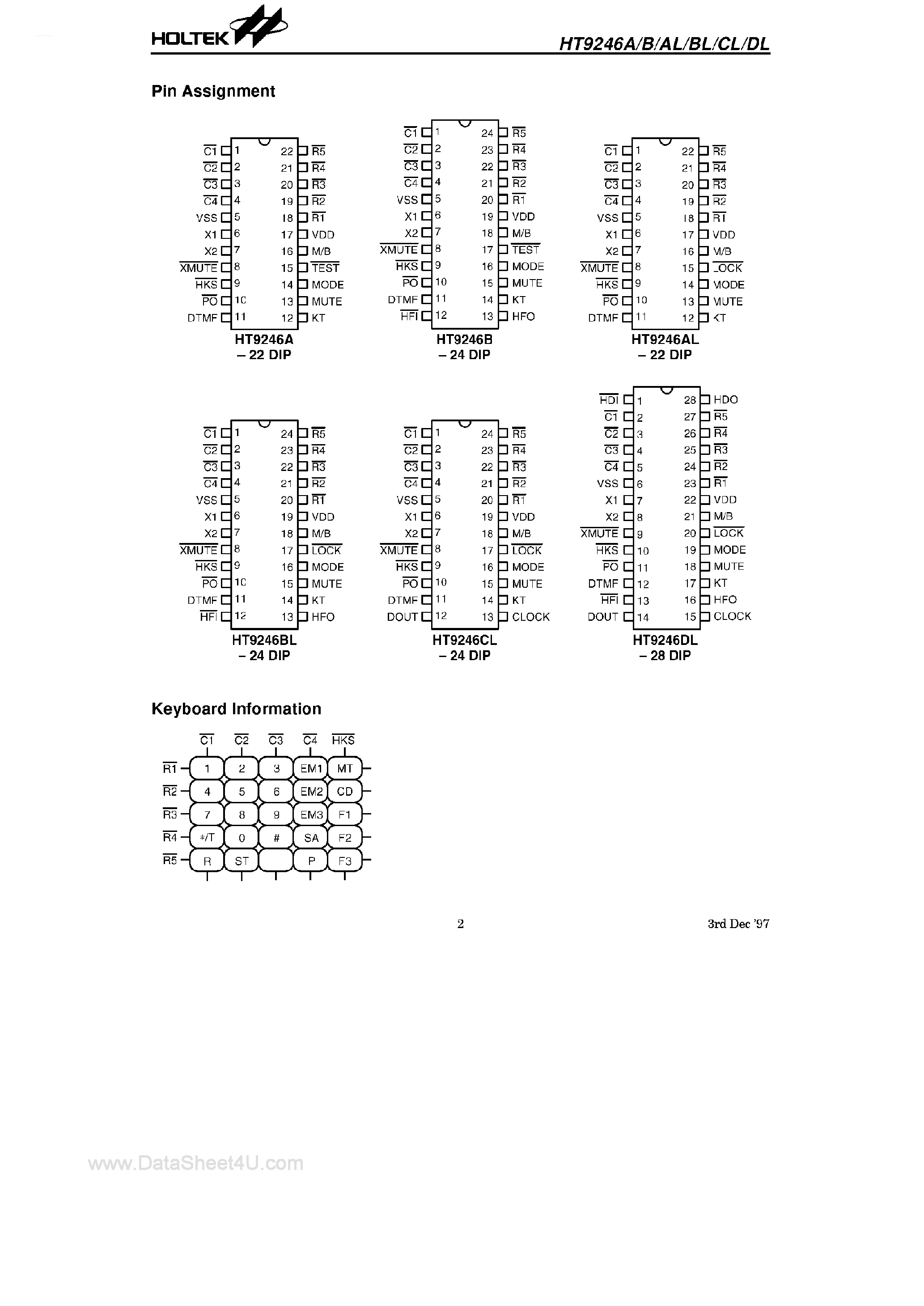 Datasheet HT9246 - 5-Memory Tone / Pulse Dialer page 2