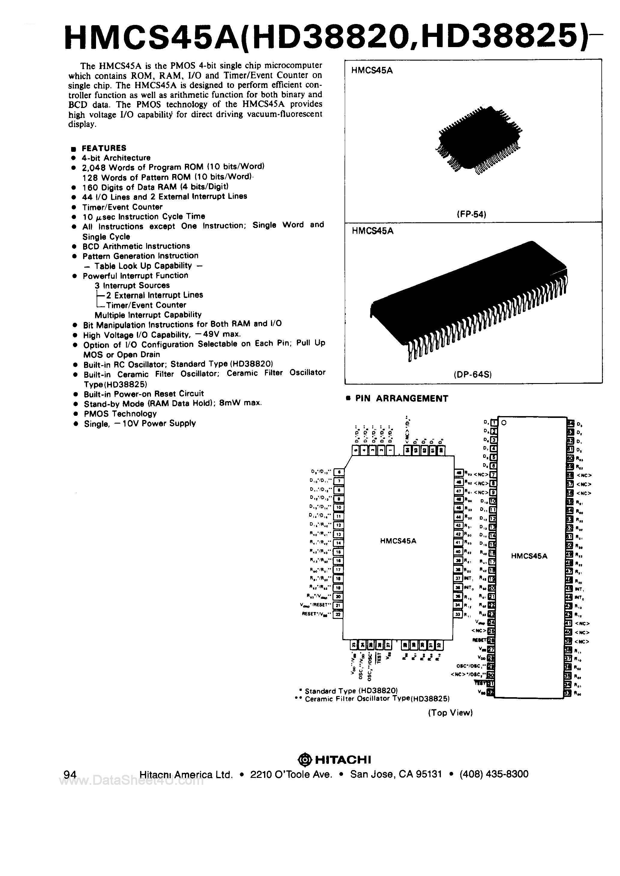 Даташит HD38820 - (HD38820 / HD38825) PMOS 4-Bit Microcomputer страница 1