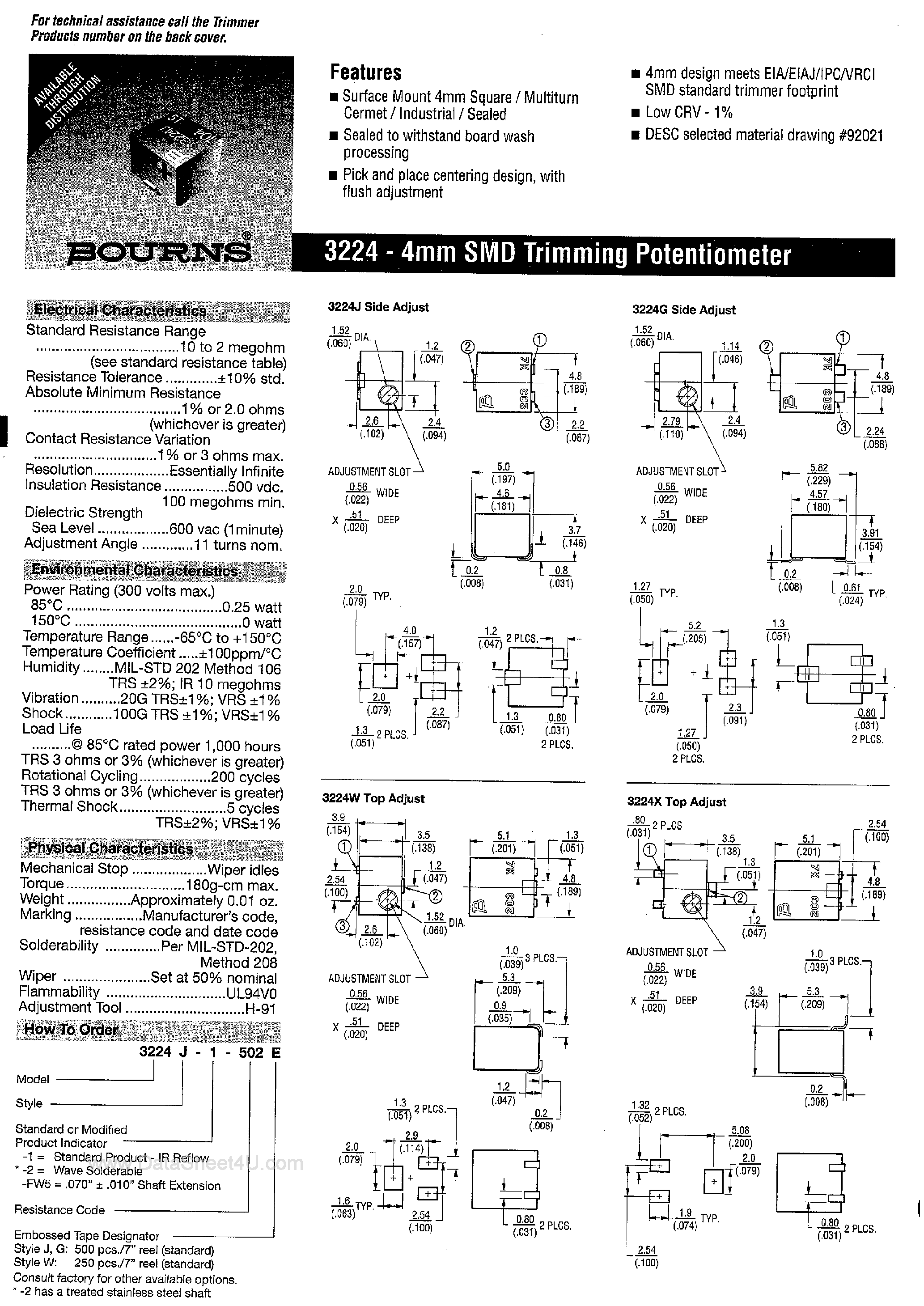 Datasheet 3224J-1-103E - (3224 Series) 4mm SMD Trimming Potentiometer page 1