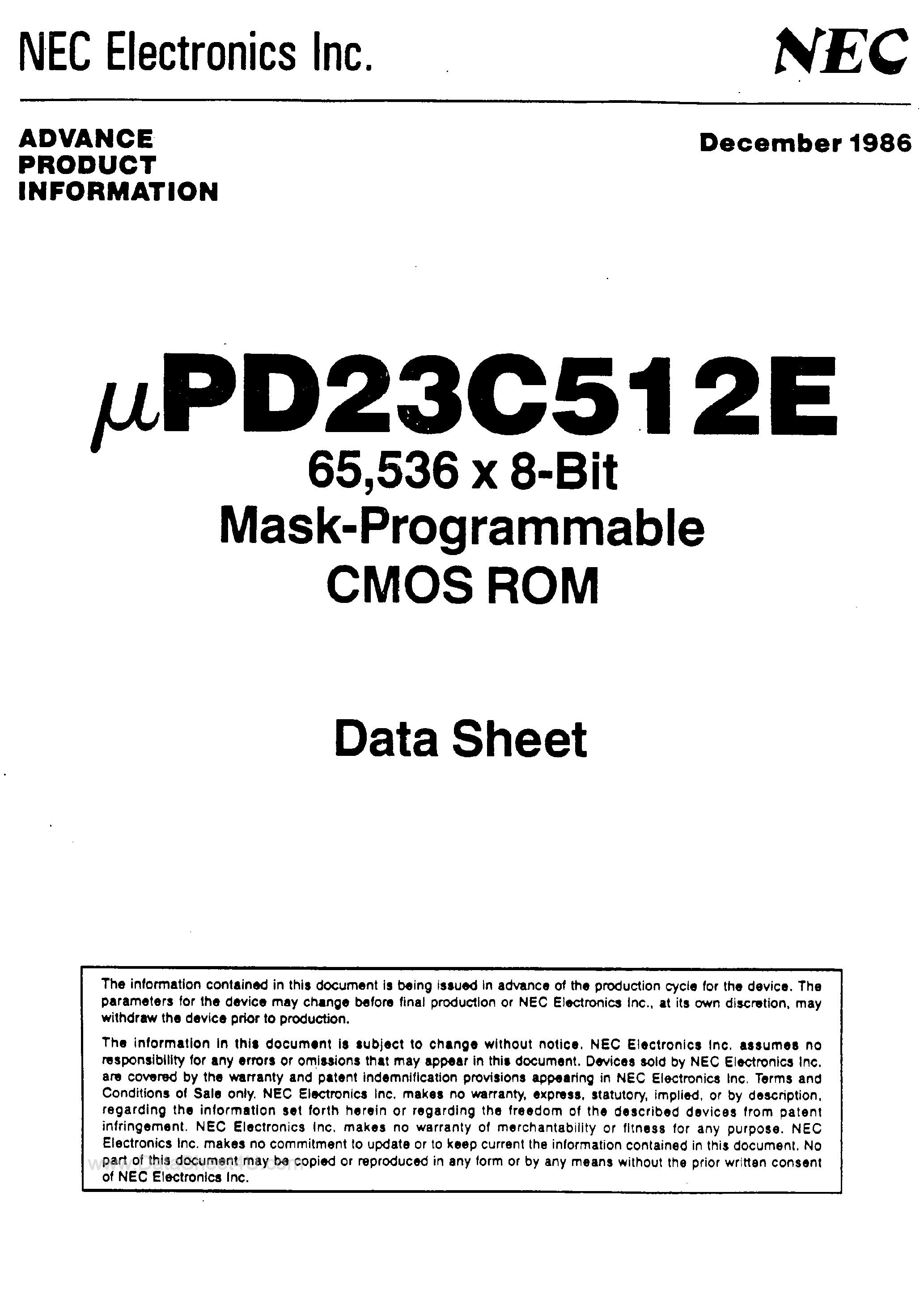 Datasheet UPD23C512E - 65K x 8-Bit Mask Programmable CMOS ROM page 1