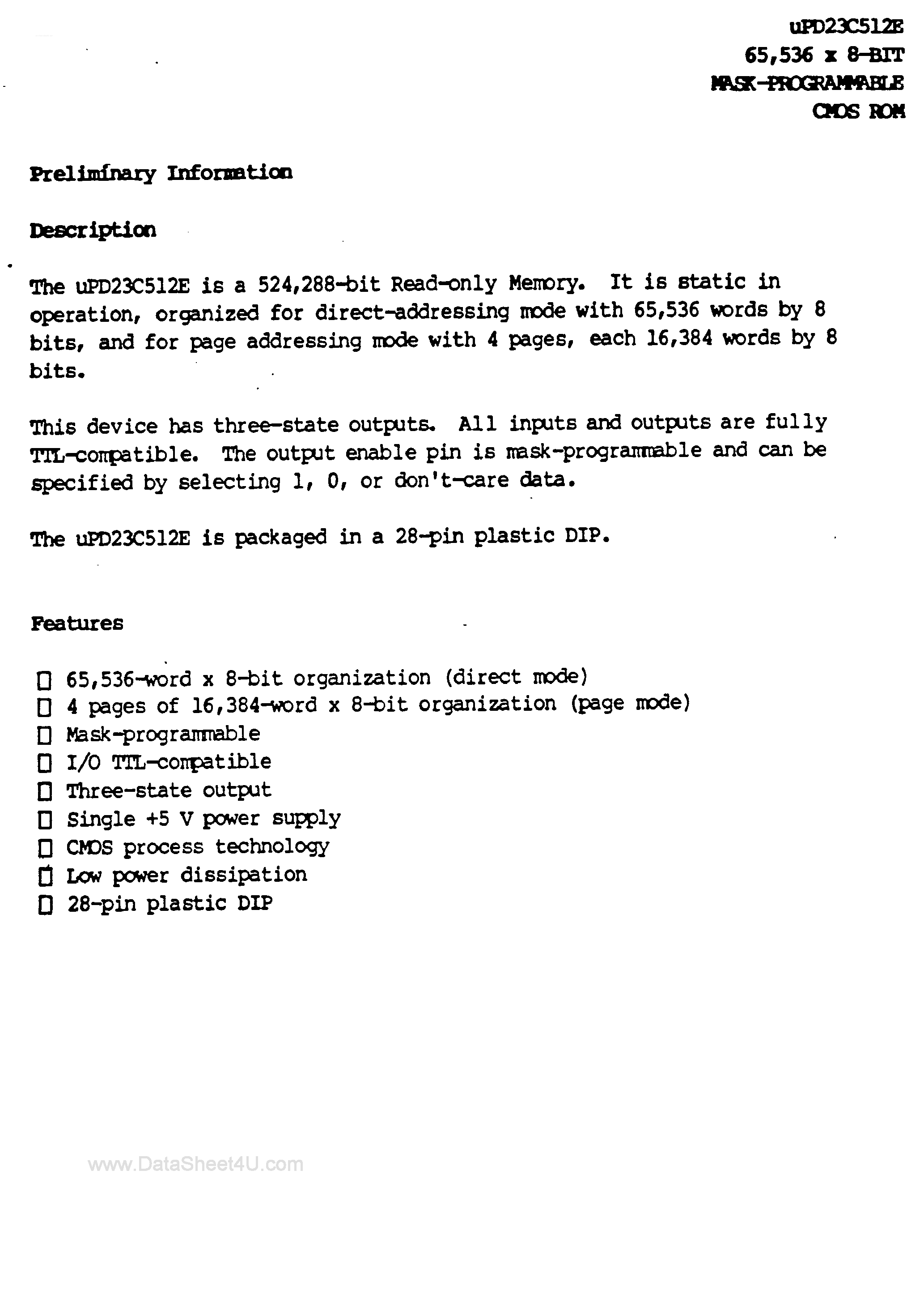 Datasheet UPD23C512E - 65K x 8-Bit Mask Programmable CMOS ROM page 2