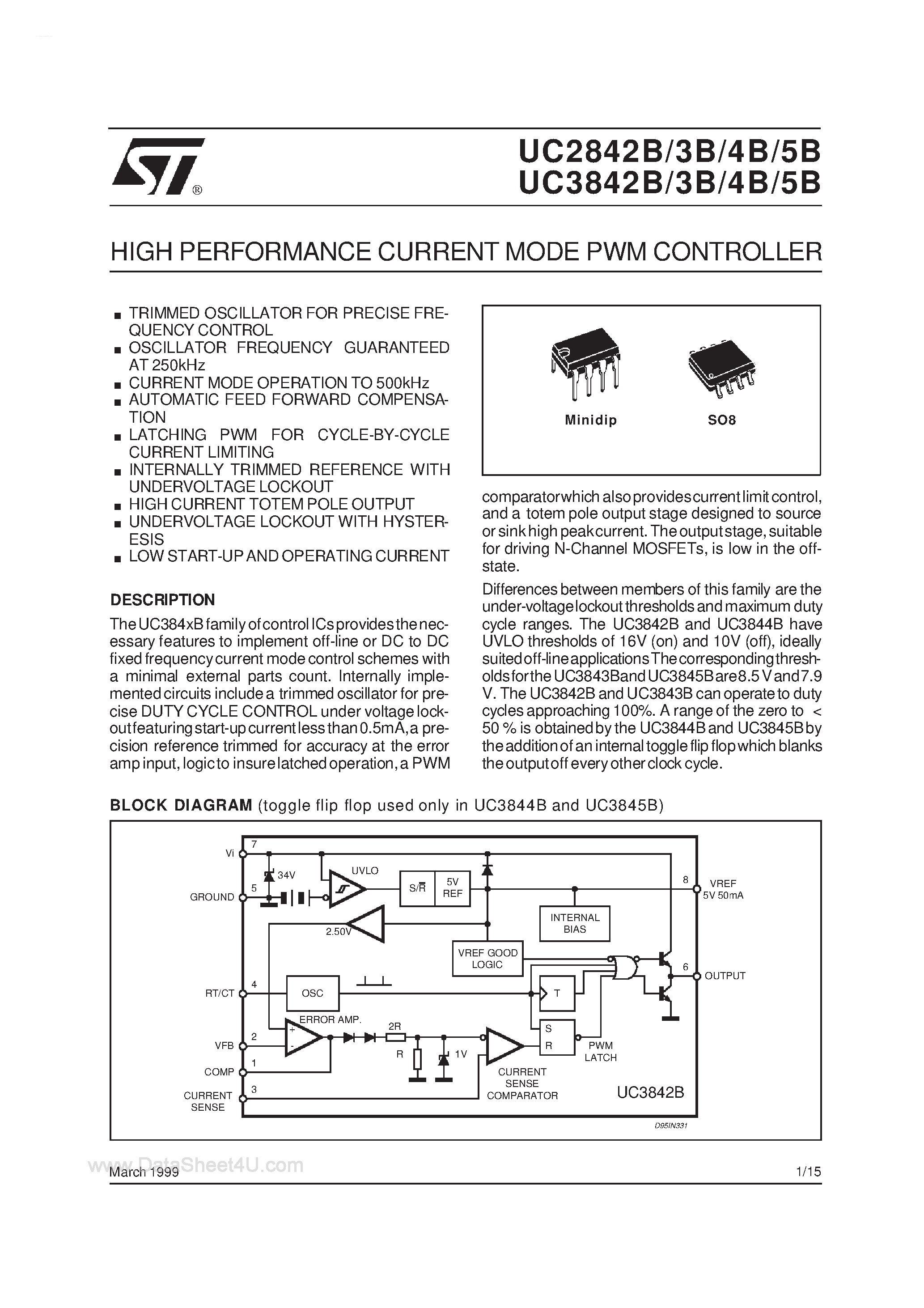 Даташит на микросхему UC3842B страница 1 Даташит UC3842B - (UC3842B - UC3845B) HIGH PERFORMANCE CURRENT MODE PWM CONTROLLER страница 1