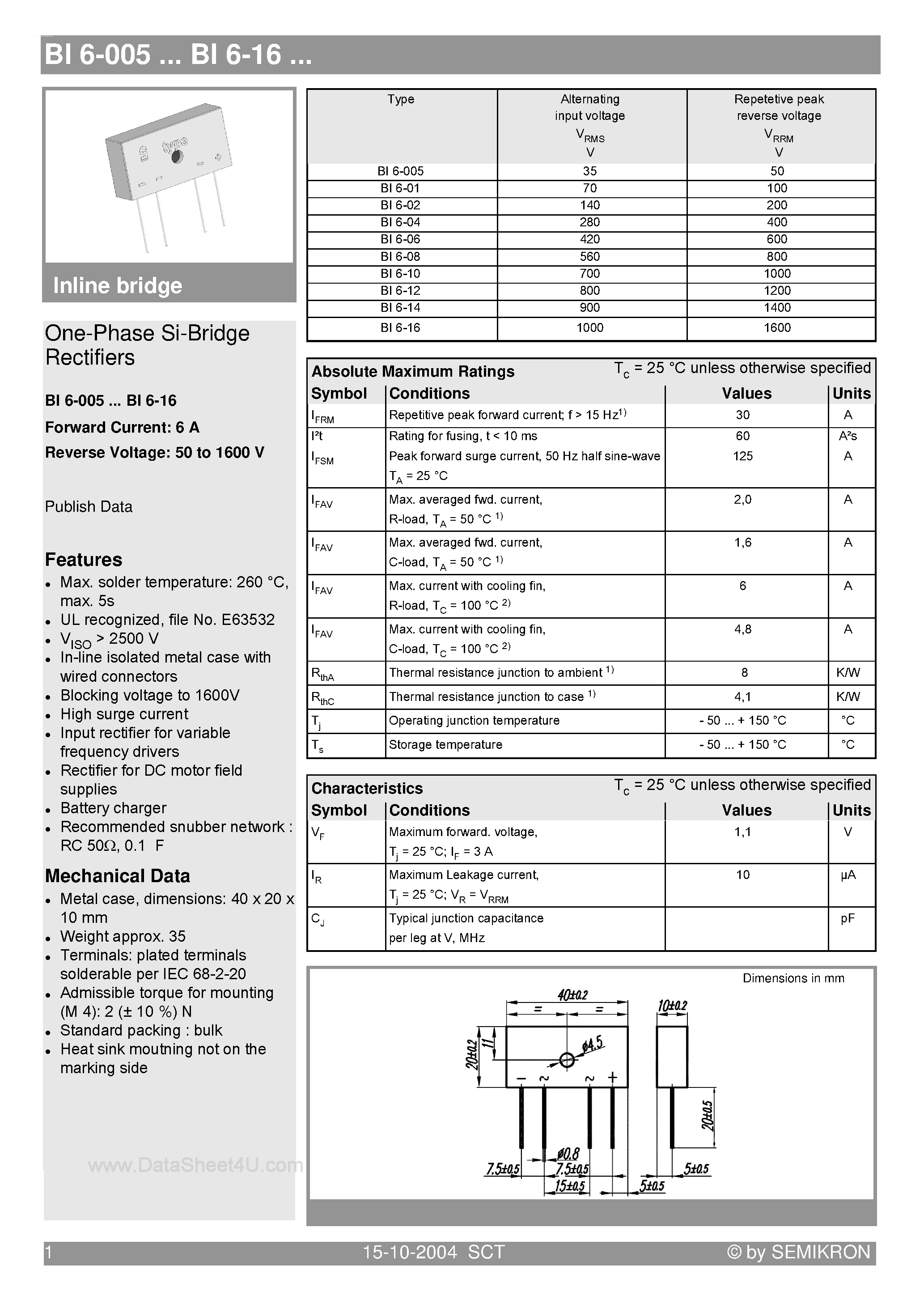 Datasheet BI6-xxx page 1 Datasheet BI6-xxx - One-Phase Si-Bridge Rectifiers page 1