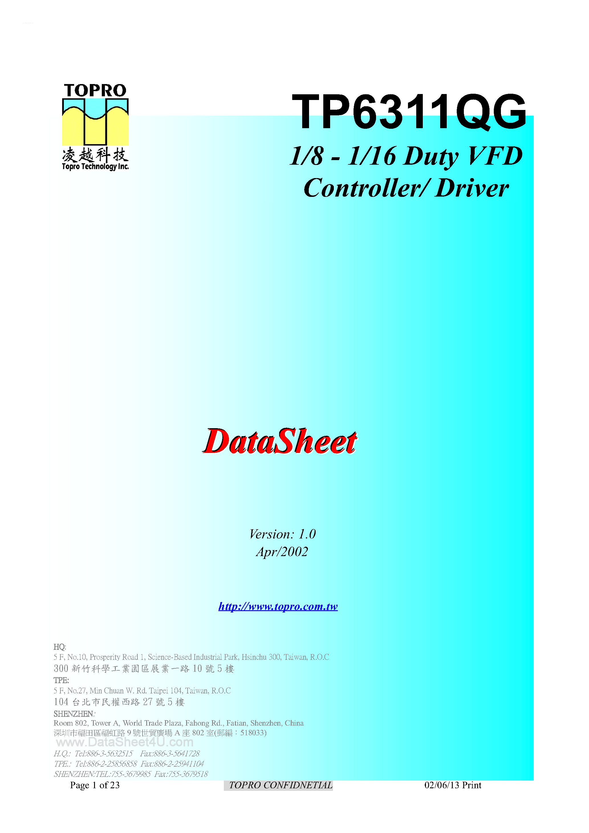 Datasheet TP6311QG - 1/8 - 1/16 DUTY VFD CONTROLLER / DRIVER page 1