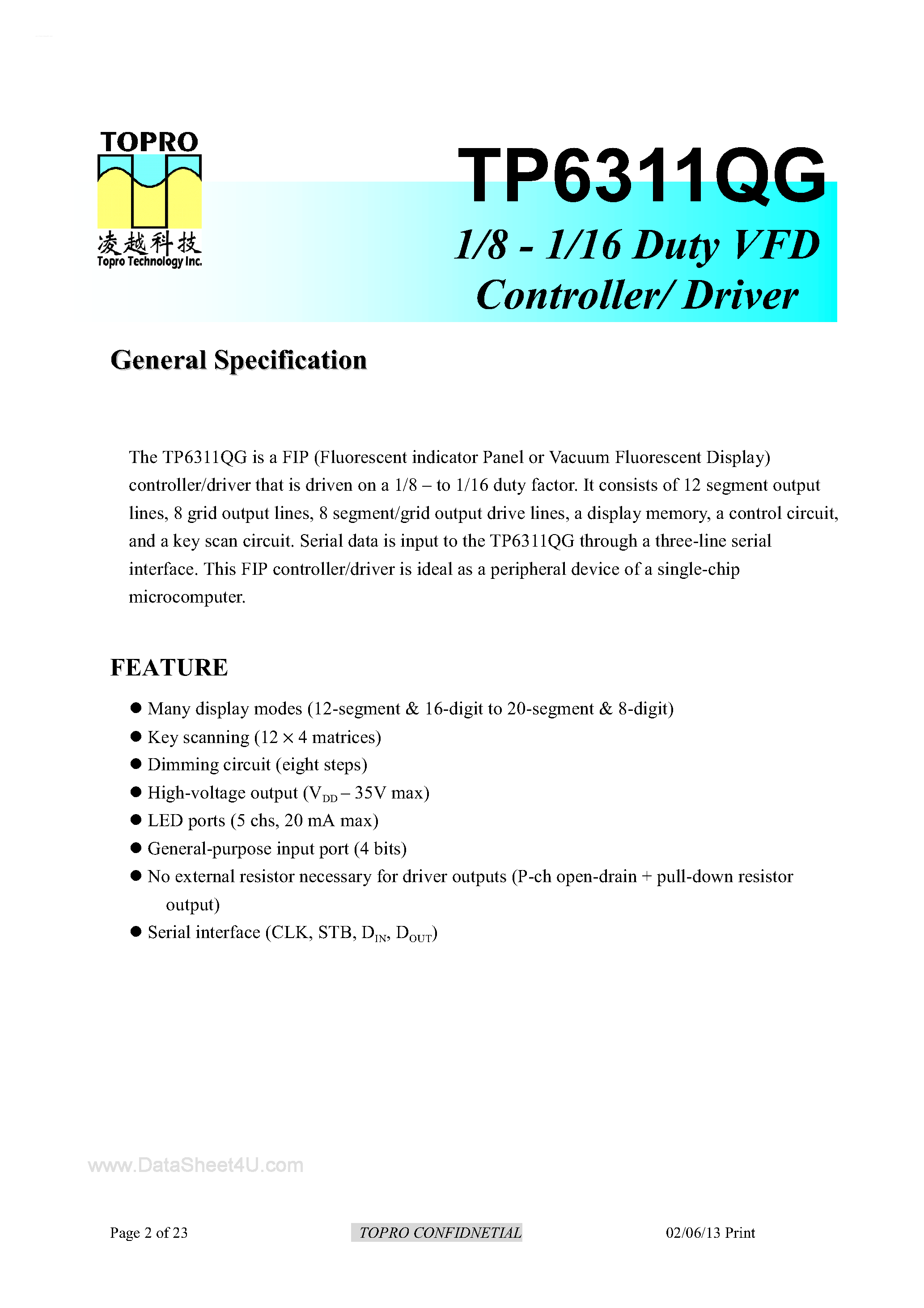 Datasheet TP6311QG - 1/8 - 1/16 DUTY VFD CONTROLLER / DRIVER page 2