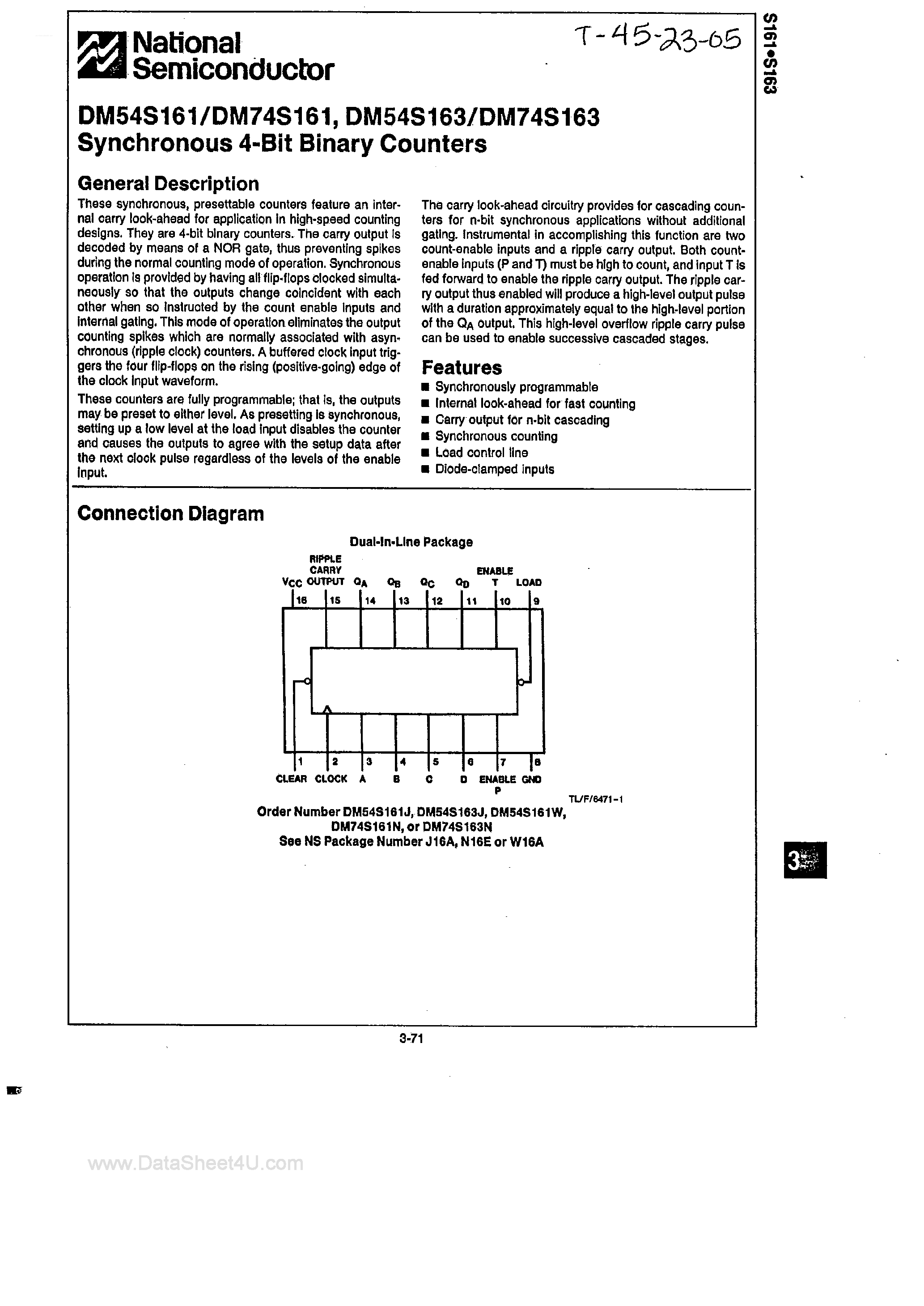 Datasheet DM54S161 page 1 Datasheet DM54S161 - (DM54S161 / DM54S163) Synchronous 4-Bit Binary Counters page 1