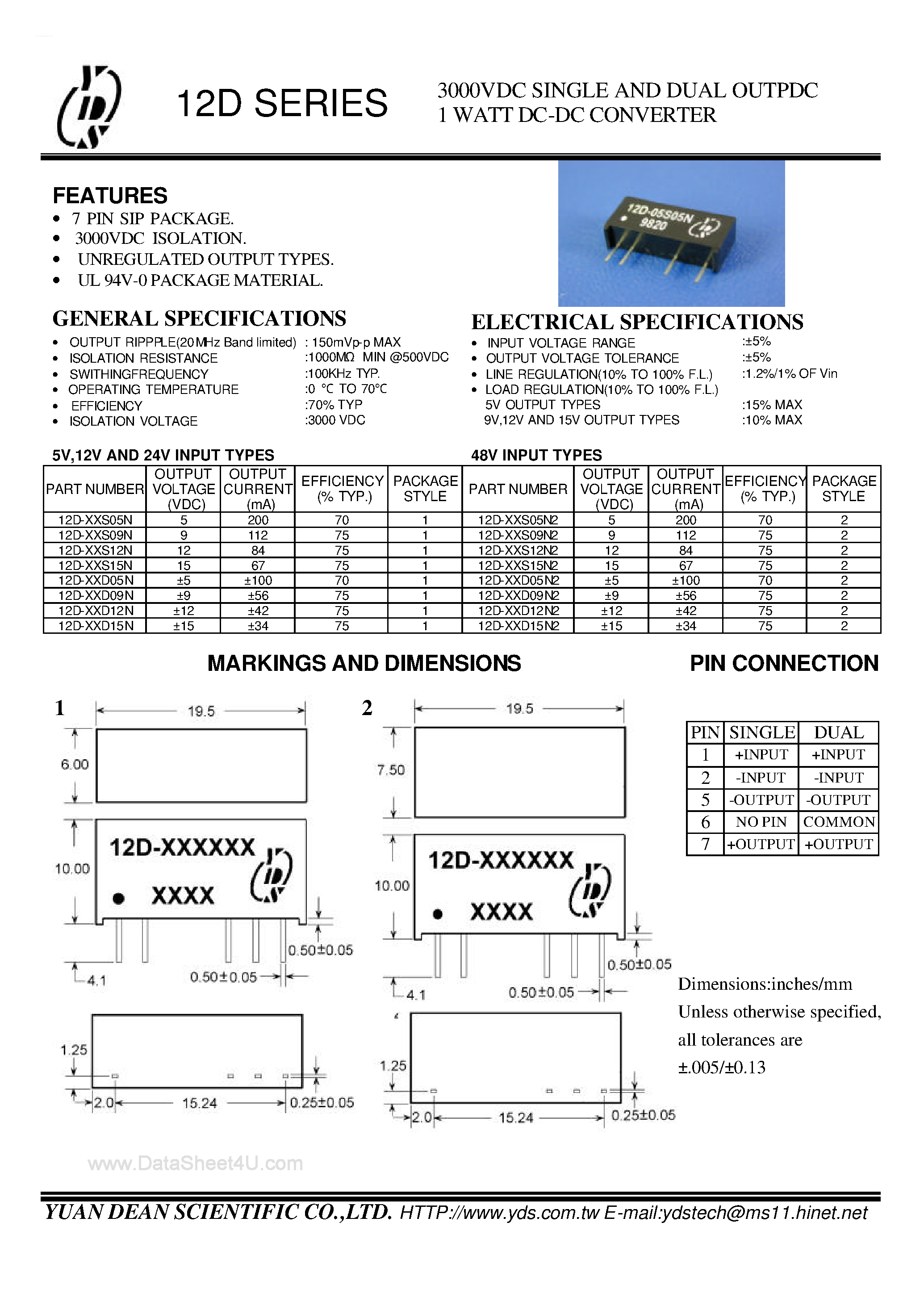 Datasheet 12D-05S05N - (12D-Series) Single and Dual OutpDC 1 Watt DC-DC Converter page 1