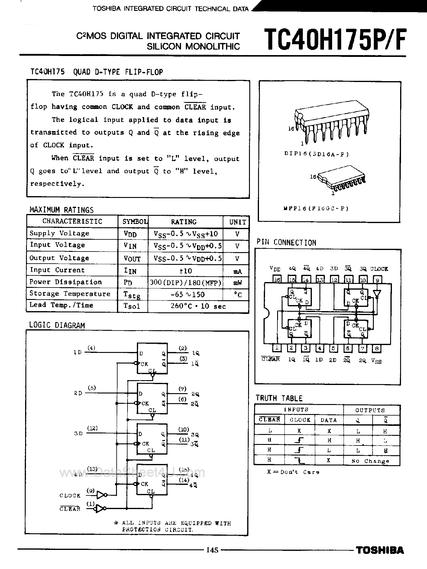 Datasheet TC40H175F - Quad D-Type Flip-Flop page 1