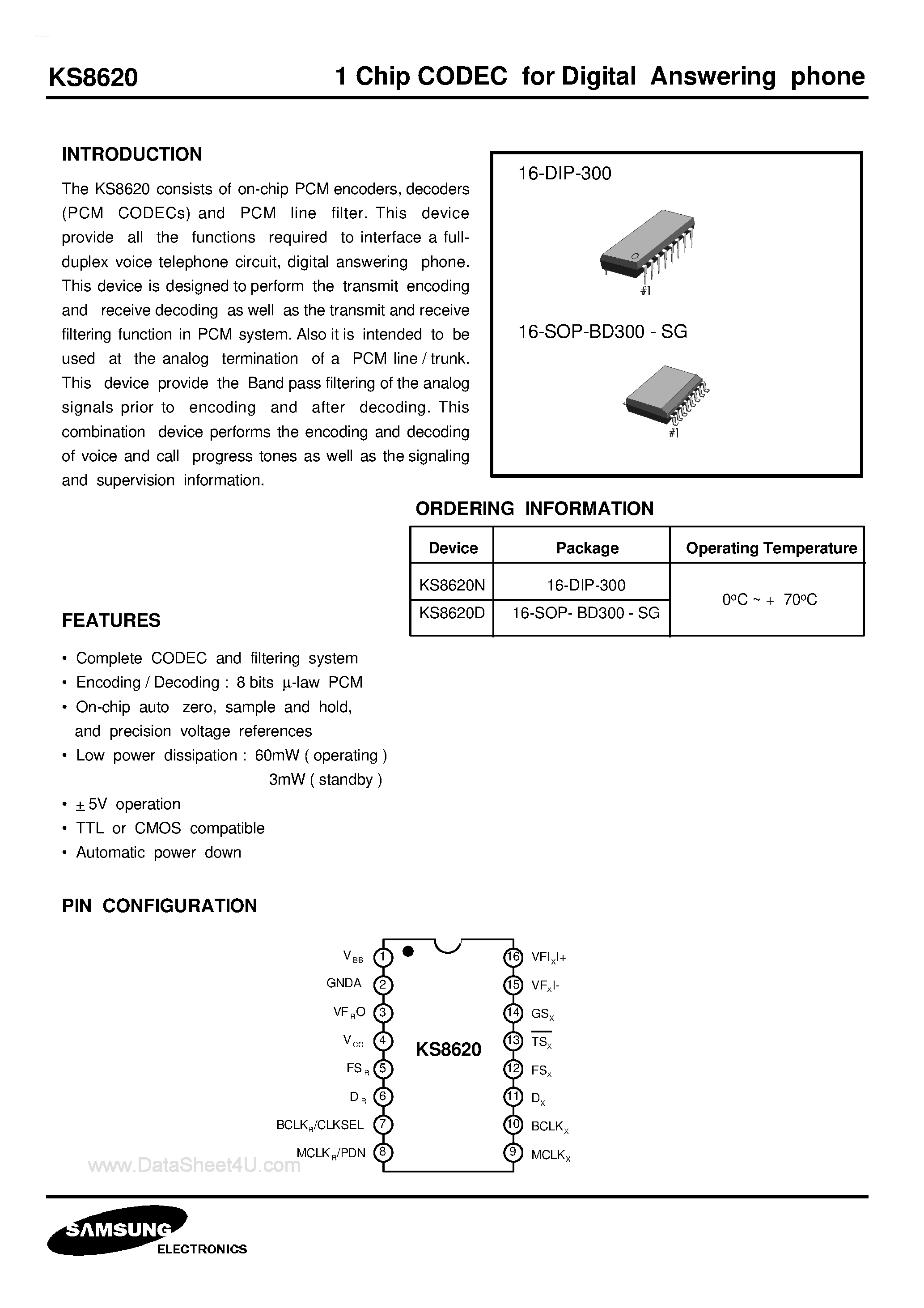 Даташит KS8620 - 1 Chip CODEC for Digital Answering phone страница 1