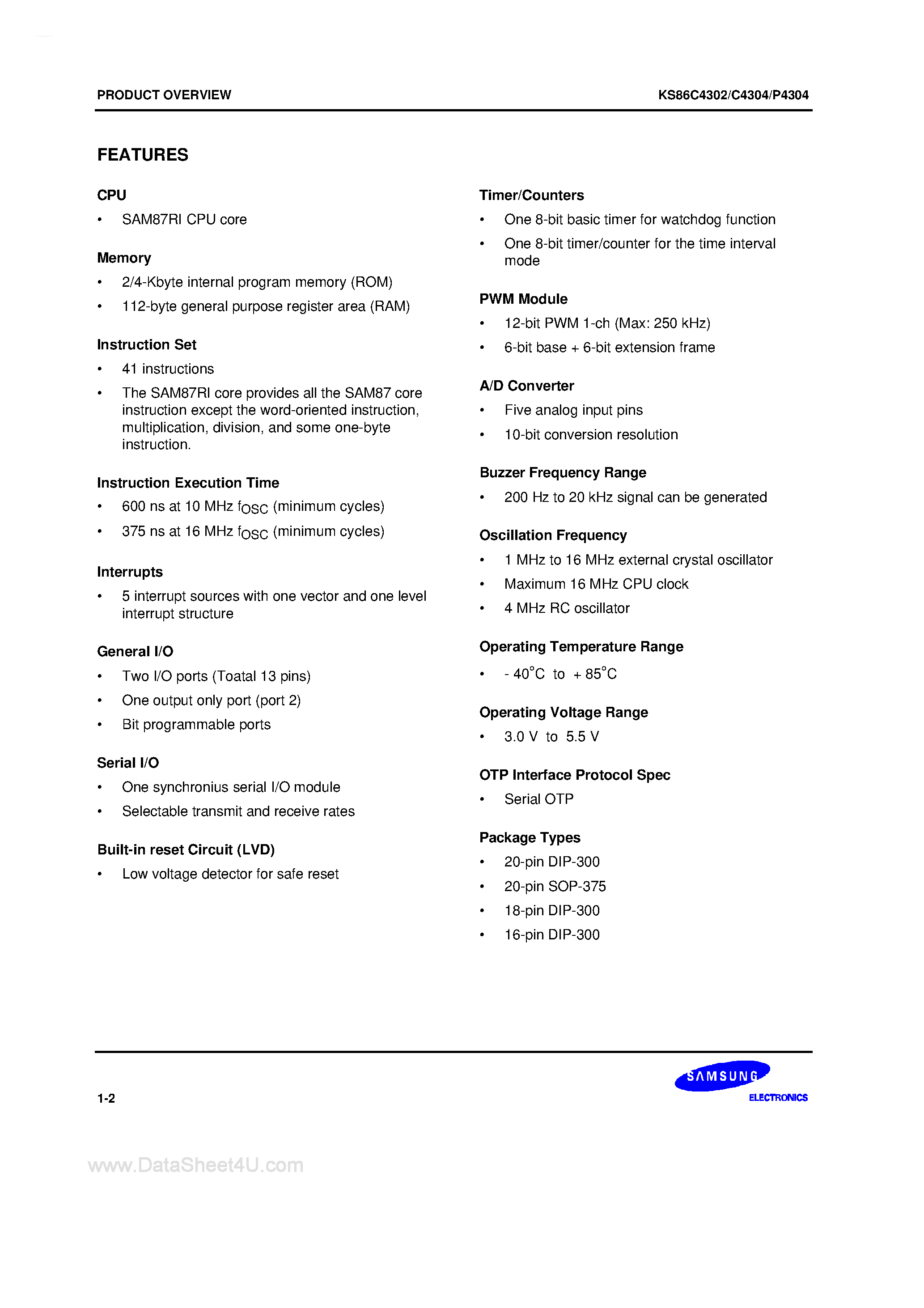 Datasheet KS86C4302 - (KS86P4304 / KS86C4304 / KS86C4302) SAM87Ri family of 8-bit single-chip CMOS microcontrollers offers a fast and efficient CPU page 2