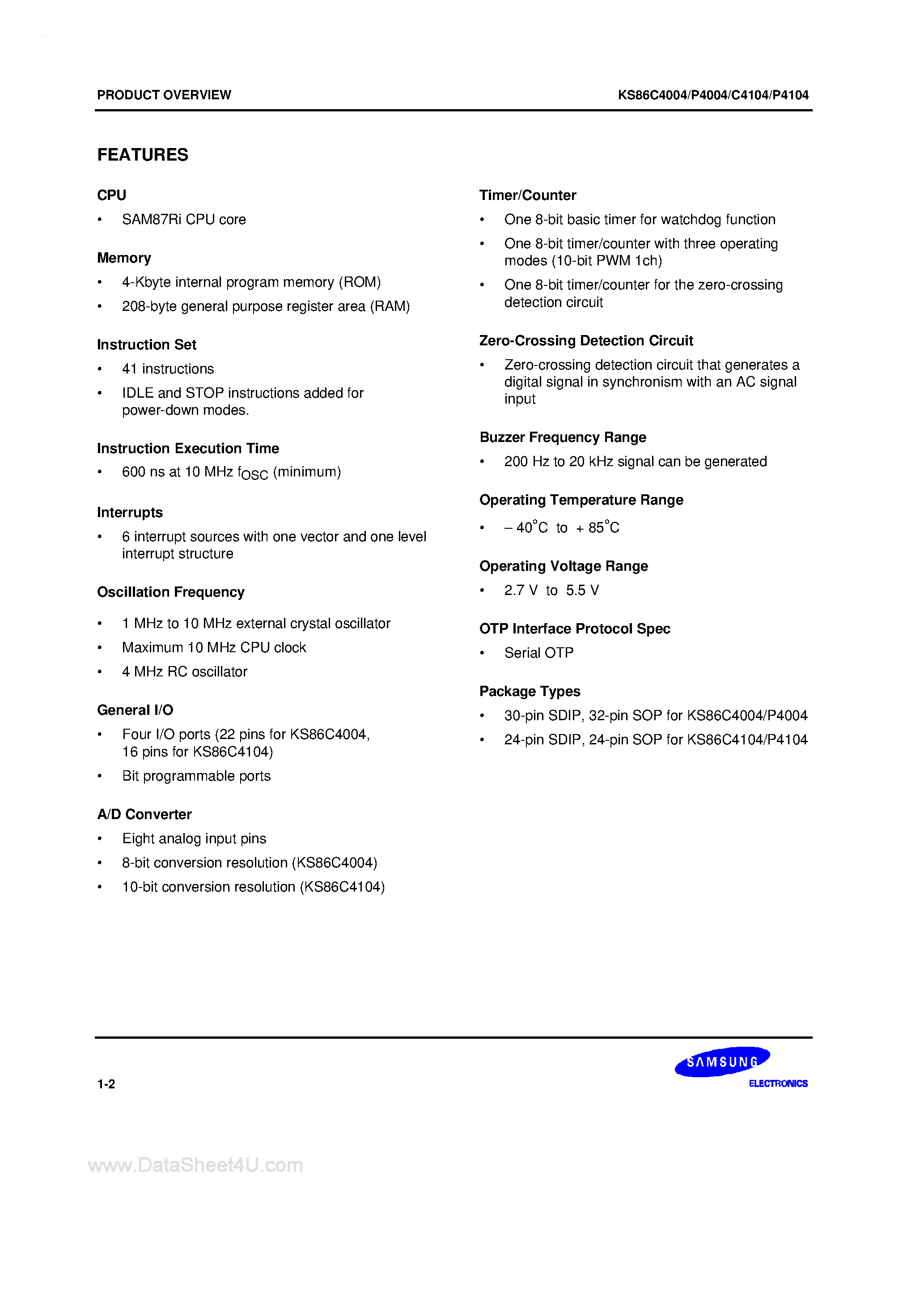 Datasheet KS86C4004 - (KS86C4004 / KS86P4004 / KS86C4104 / KS86P4104) SAM87Ri family of 8-bit single-chip CMOS microcontrollers offers a fast and efficient CPU page 2