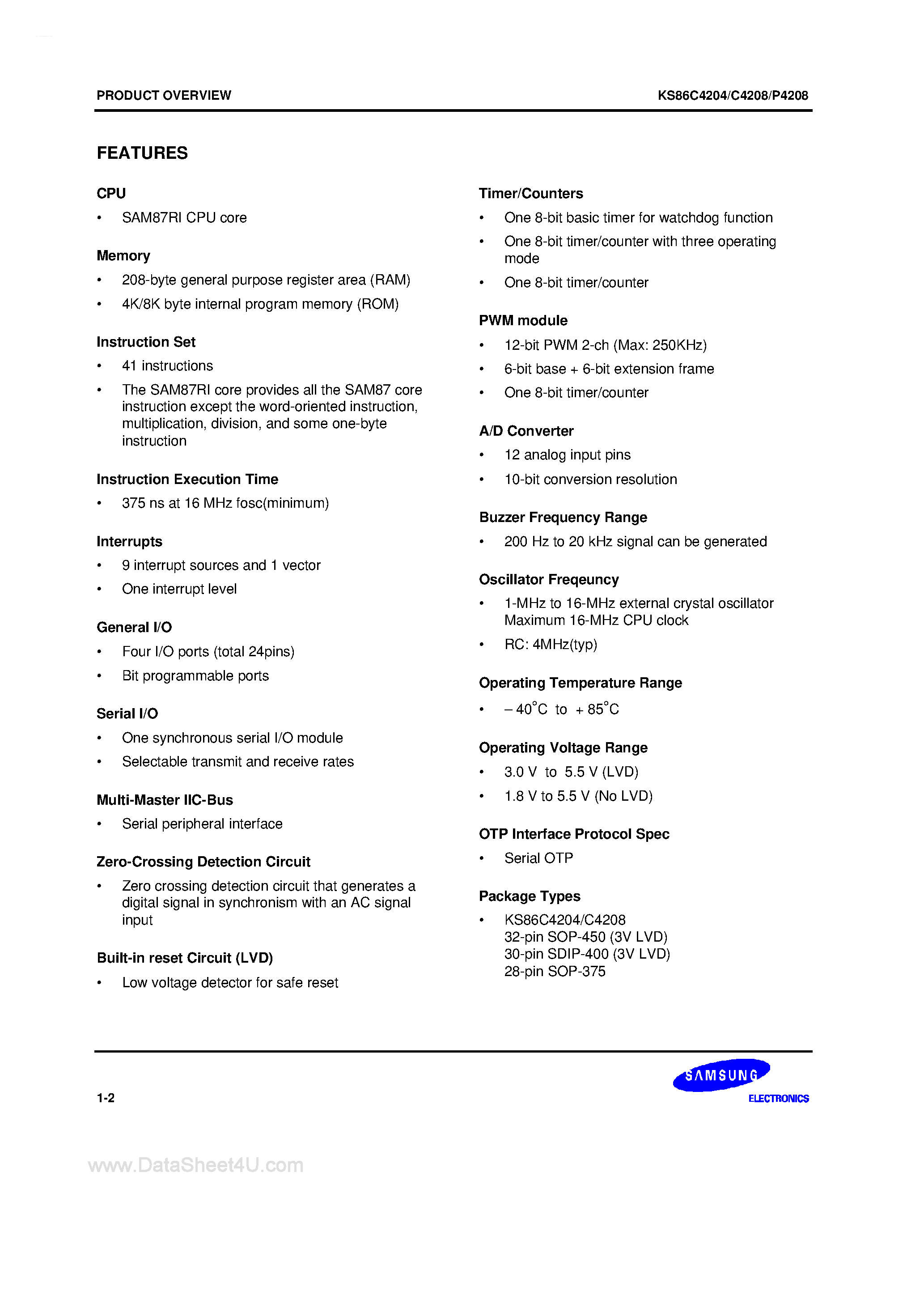 Datasheet KS86C4204 - (KS86C4204 / KS86C4208 / KS86P4208) SAM87Ri family of 8-bit single-chip CMOS microcontrollers offers a fast and efficient CPU page 2
