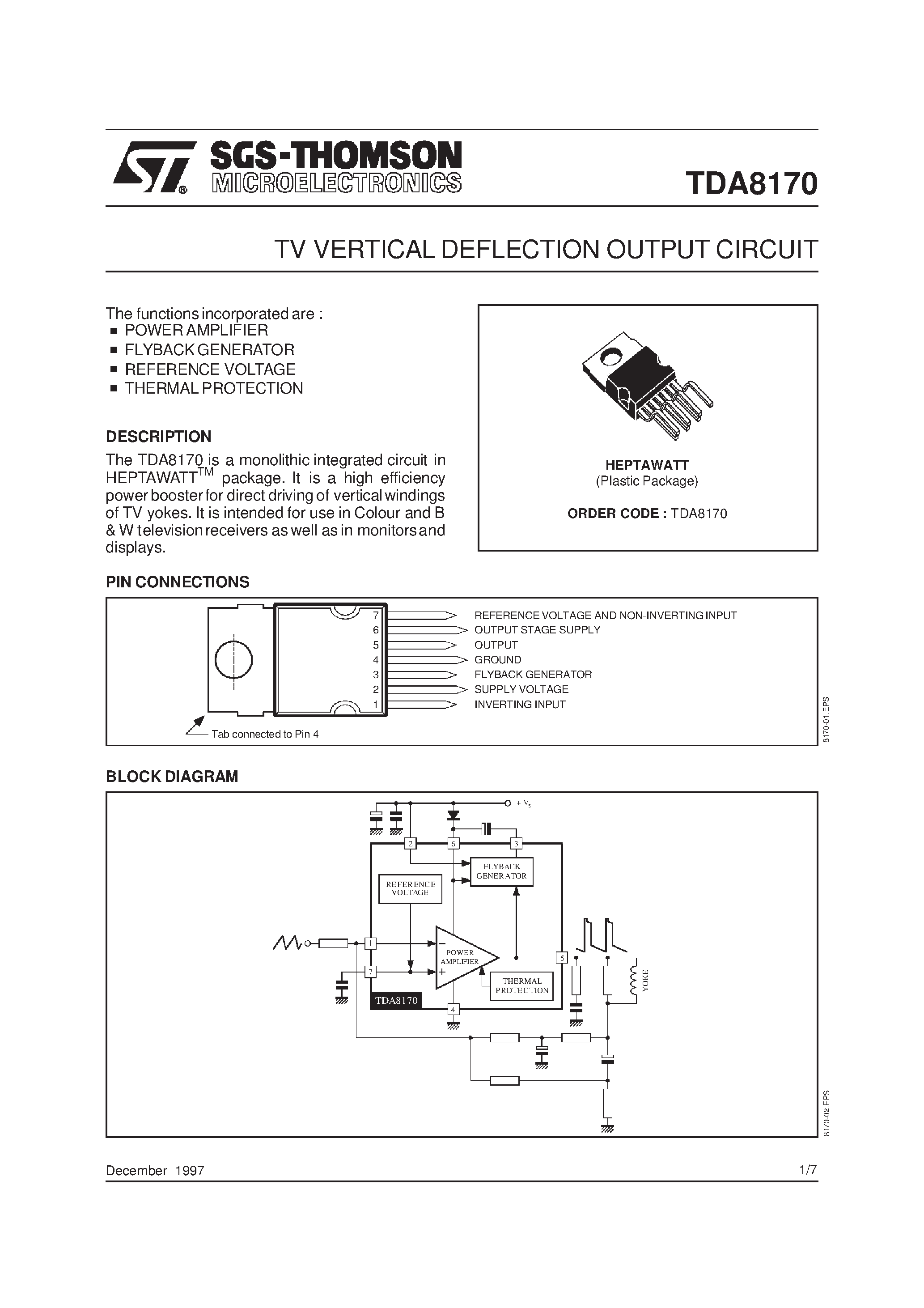 Datasheet TDA-8170 page 1 Datasheet TDA-8170 - TV VERTICAL DEFLECTION OUTPUT CIRCUIT page 1