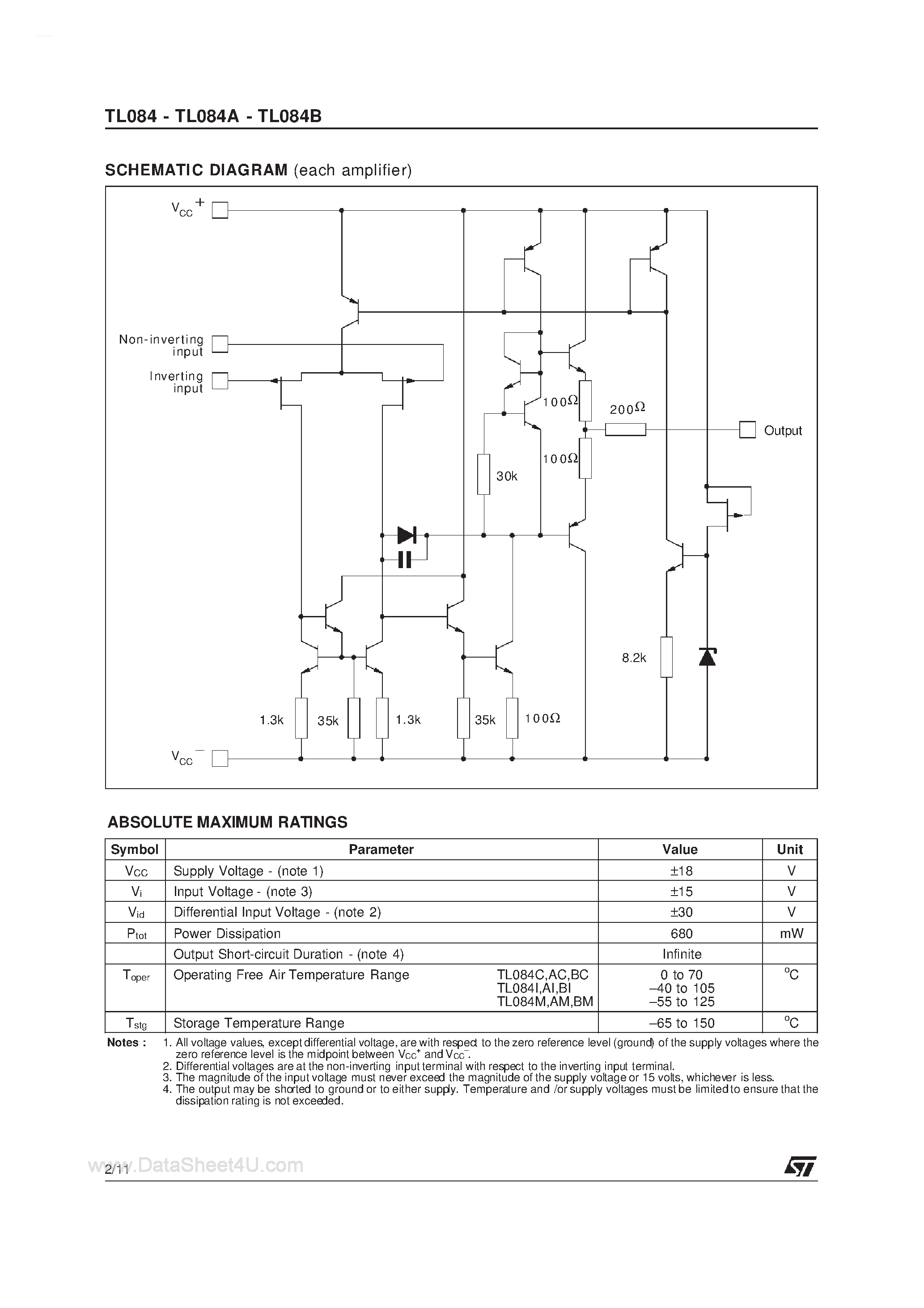 Datasheet TLO84 - General Purpose J-FET Quad Operational Amplifier page 2