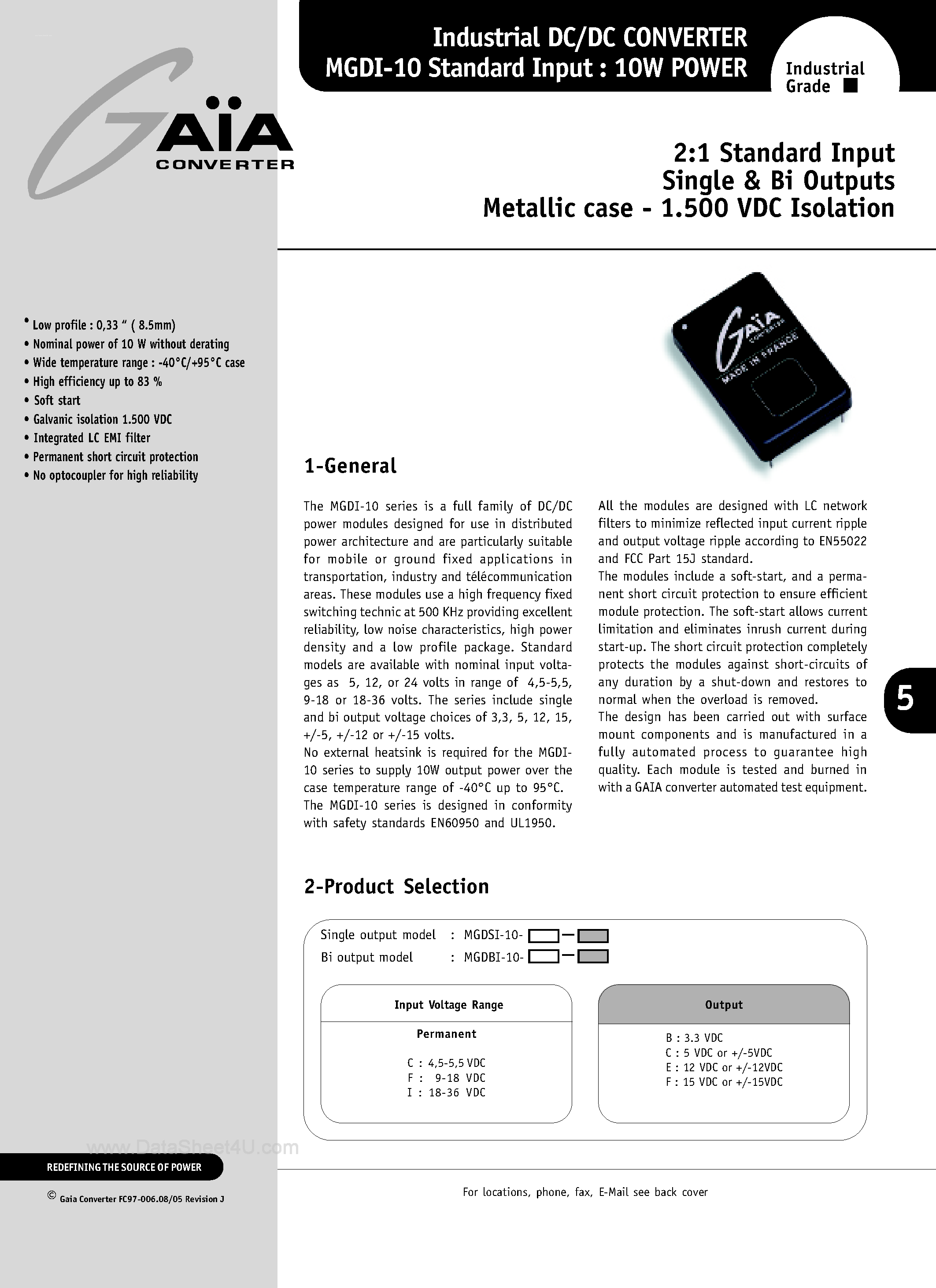 Datasheet MGDBI-10 - 2:1 Standard Input Single & Bi Outputs Metallic case - 1.500 VDC Isolation page 1