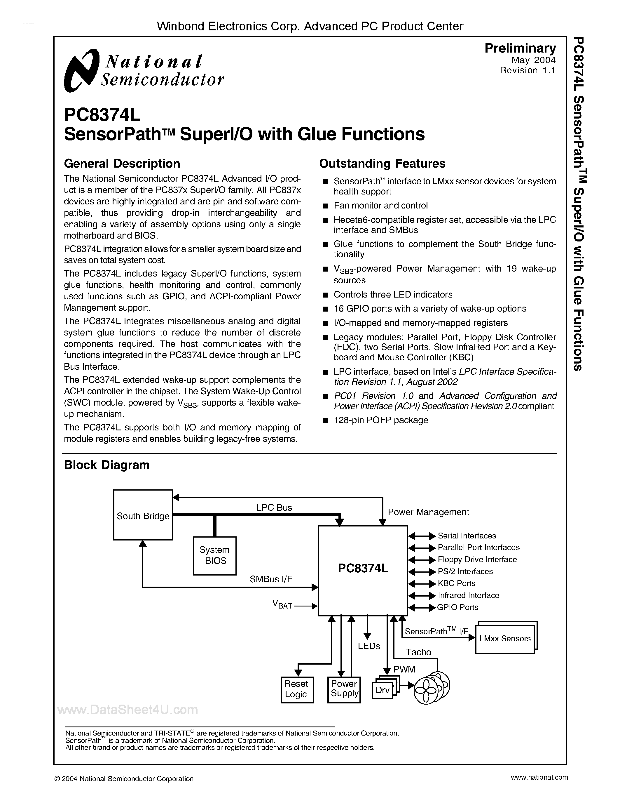 Даташит на микросхему PC8374L страница 1 Даташит PC8374L - SensorPathTM SuperI/O with Glue Functions страница 1