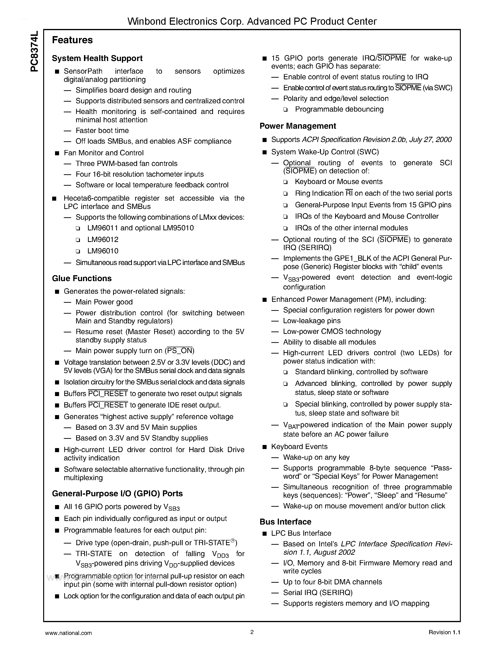 Даташит на микросхему PC8374L страница 2 Даташит PC8374L - SensorPathTM SuperI/O with Glue Functions страница 2