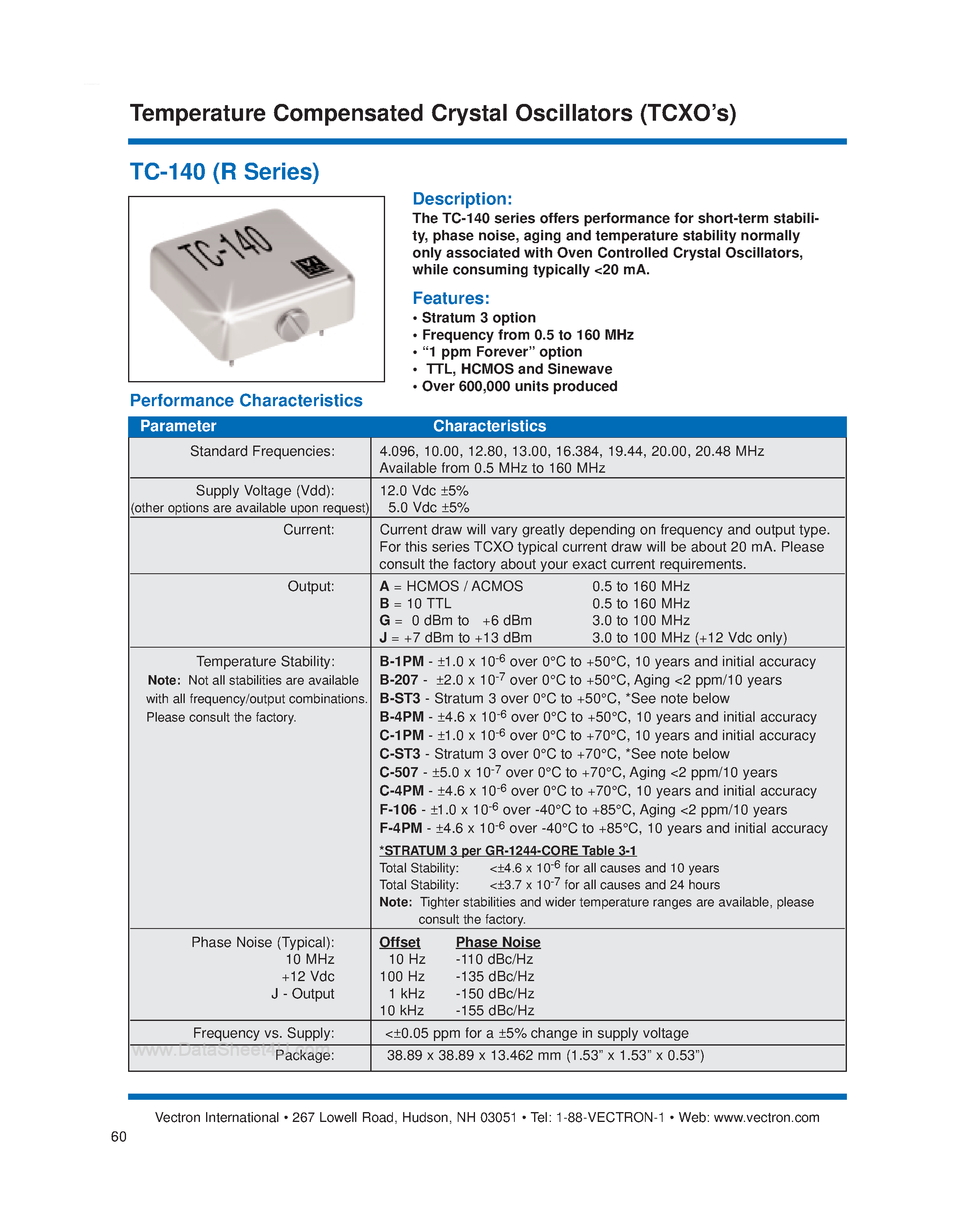 Datasheet TC140 page 1 Datasheet TC140 - Temperature Compensated Crystal Oscillators (TCXOs) page 1