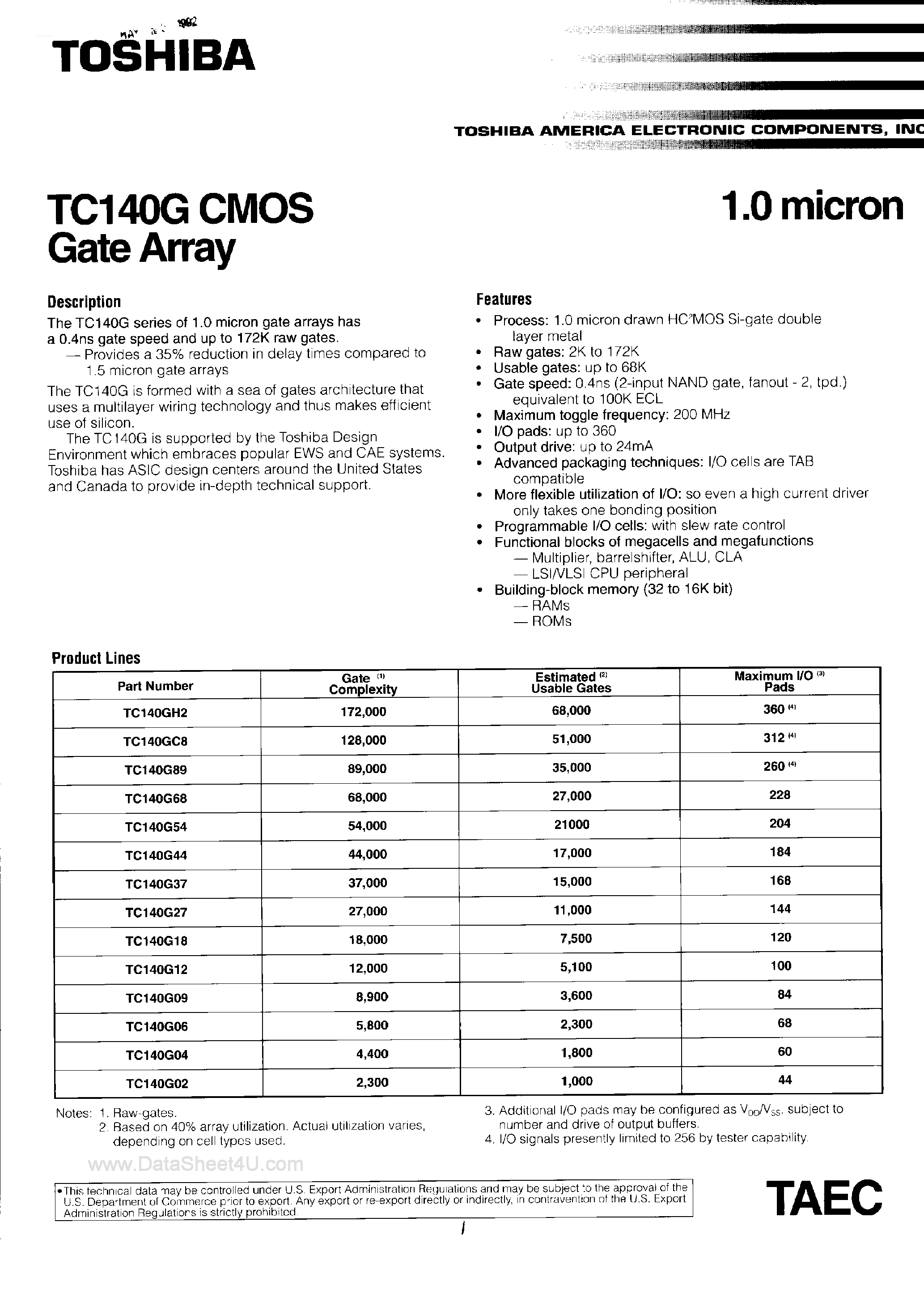 Datasheet TC140G page 1 Datasheet TC140G - CMOS Gate Array page 1