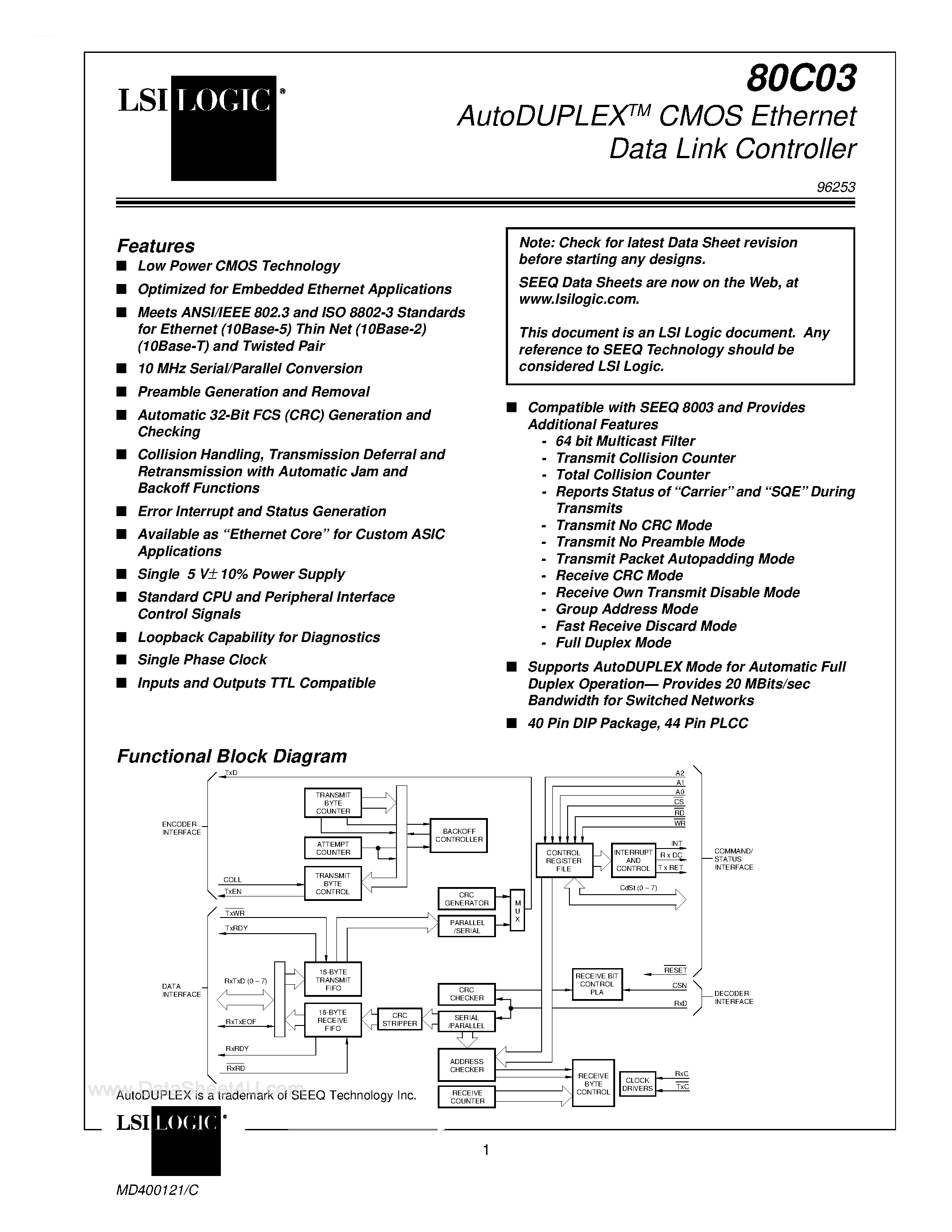 Даташит DQ80C03 - Autoduplex CMOS Ethernet Data Link Controller Manual 9/96 страница 1
