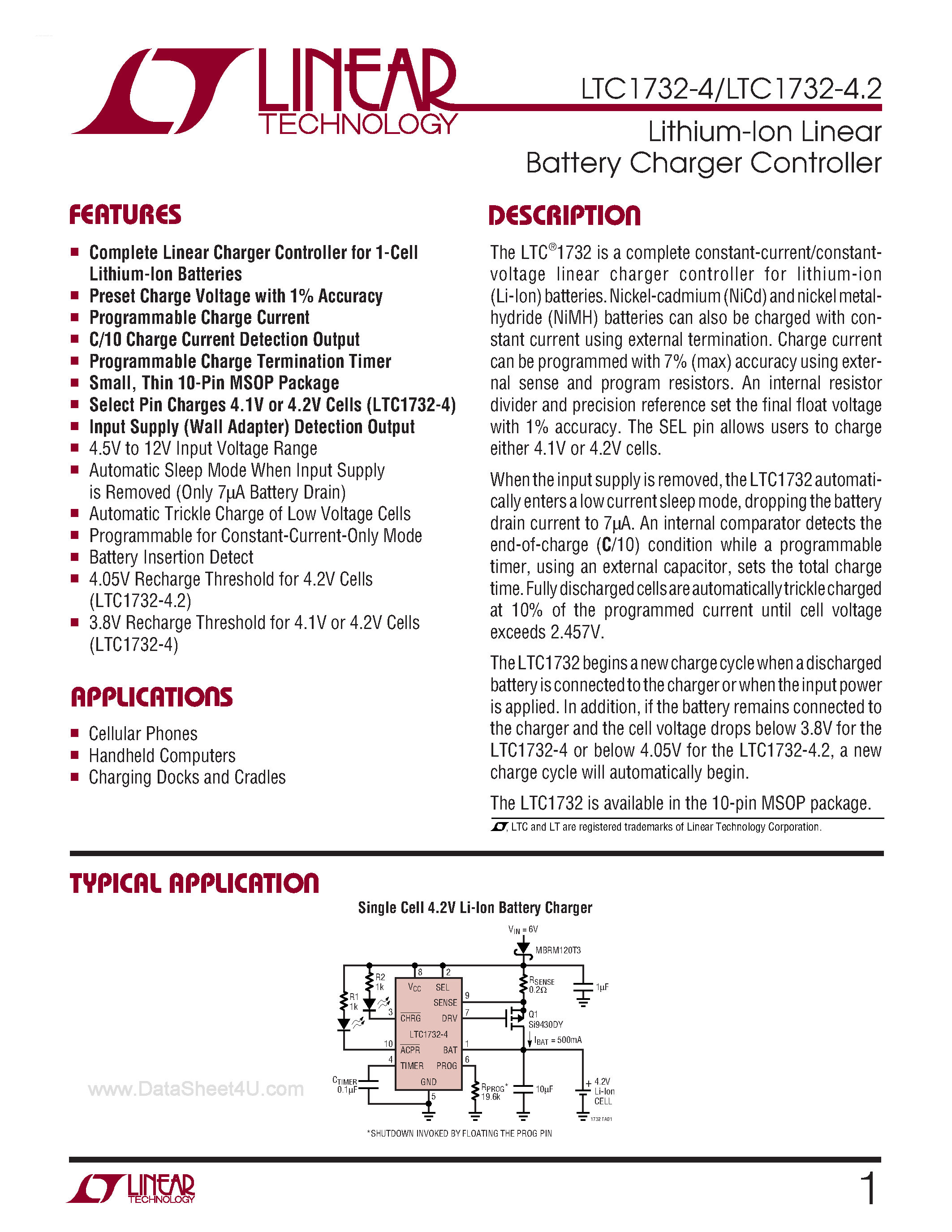 Datasheet LTC1732-4 - Lithium-Ion Linear Battery Charger Controller page 1