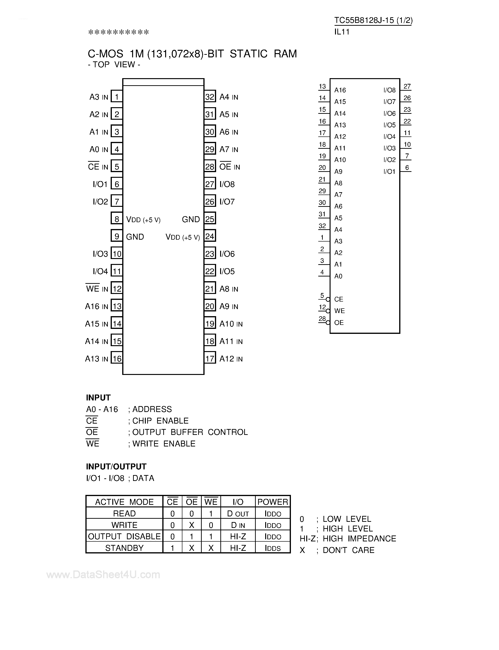 Даташит TC55B8128J-15 - CMOS 1M-Bit Static RAM страница 1