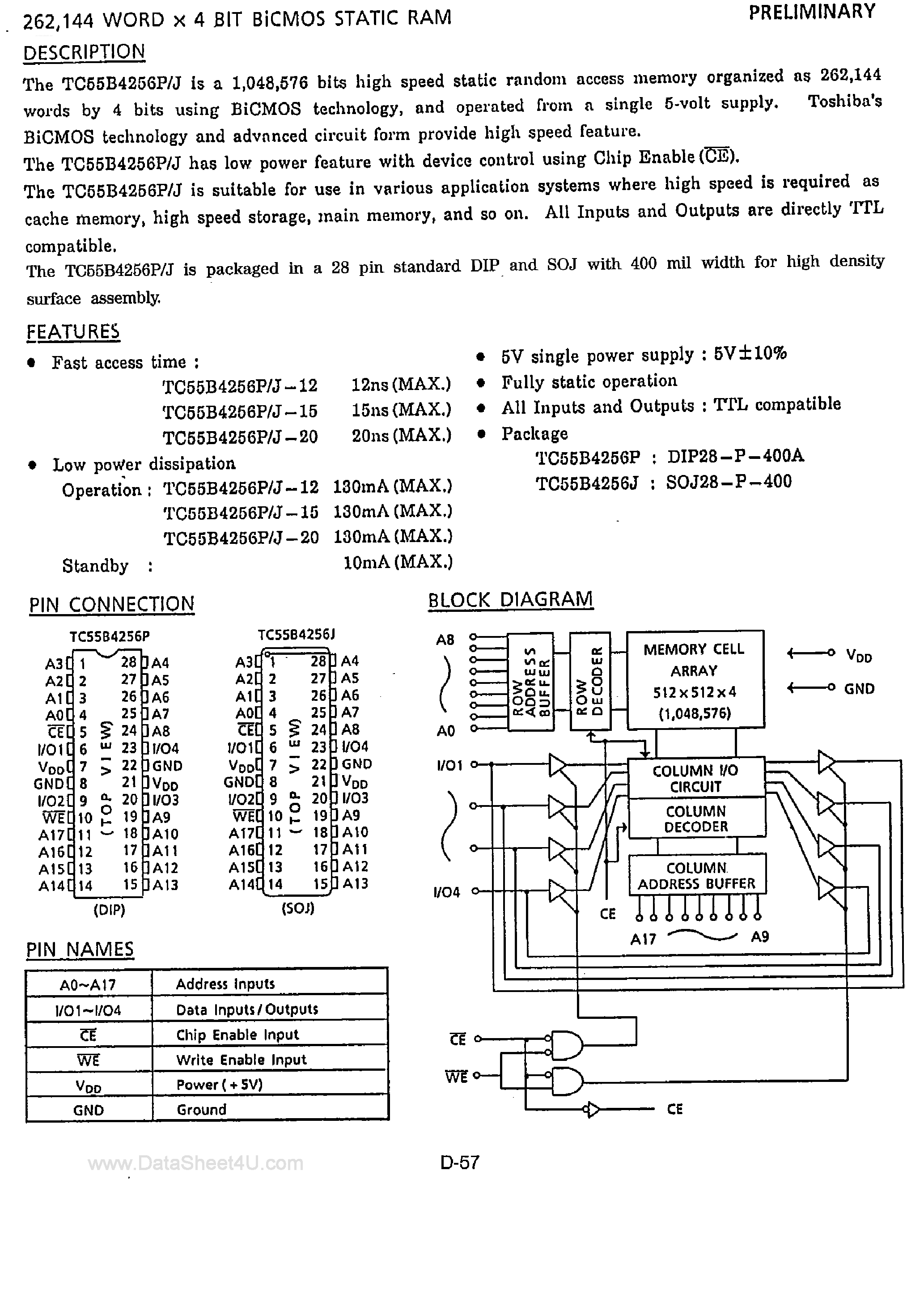 Datasheet TC55B4256J - 256K x 4-Bit BiCMOS Static RAM page 1