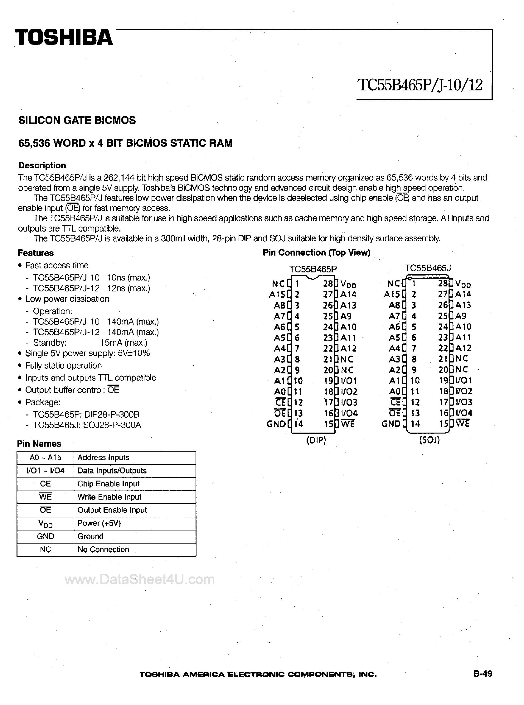 Datasheet TC55B465J page 1 Datasheet TC55B465J - 64K x 4-Bit BiCMOS Static RAM page 1