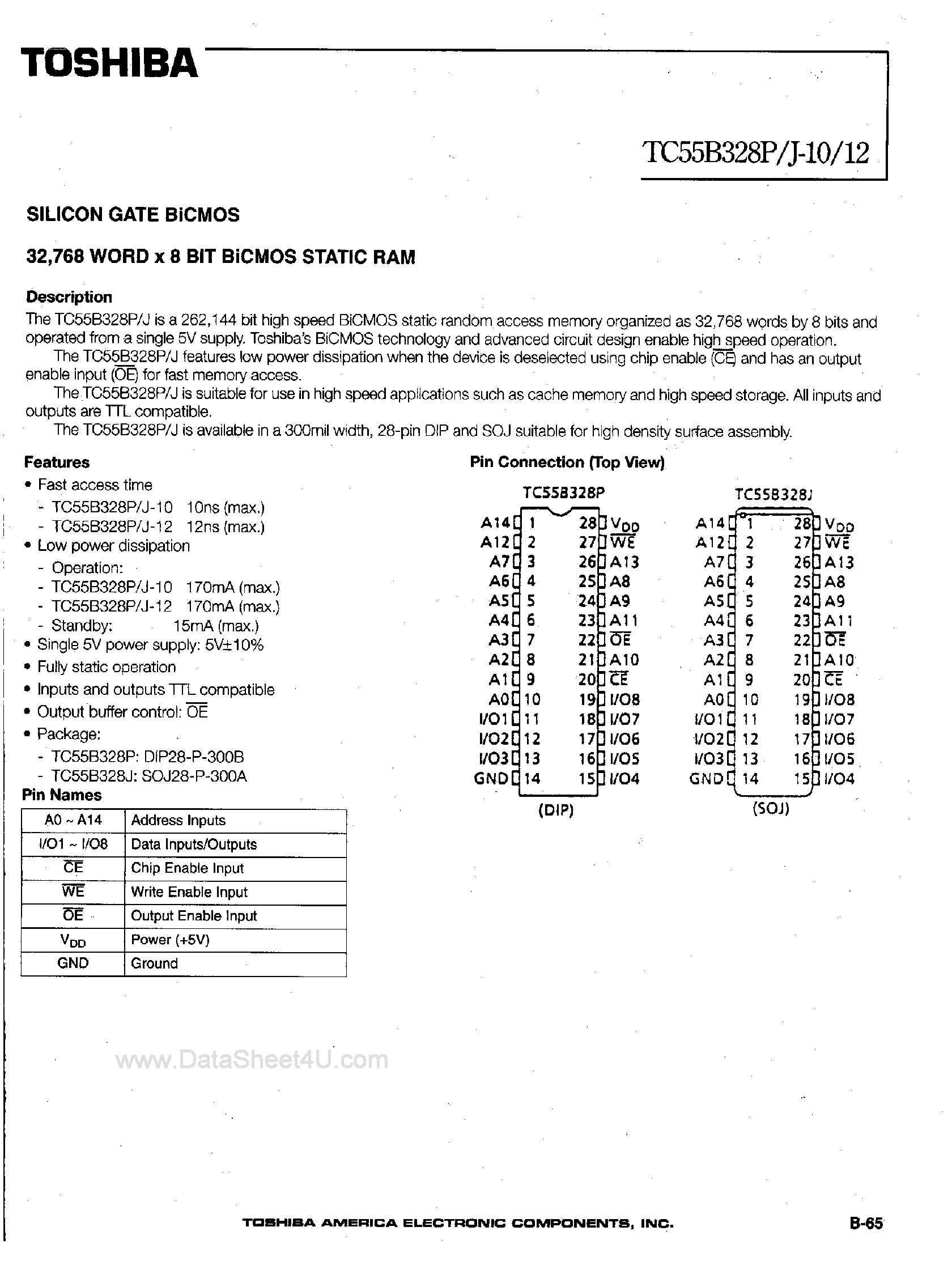 Даташит TC55B328J - 32K x 8-Bit BiCMOS Static RAM страница 1