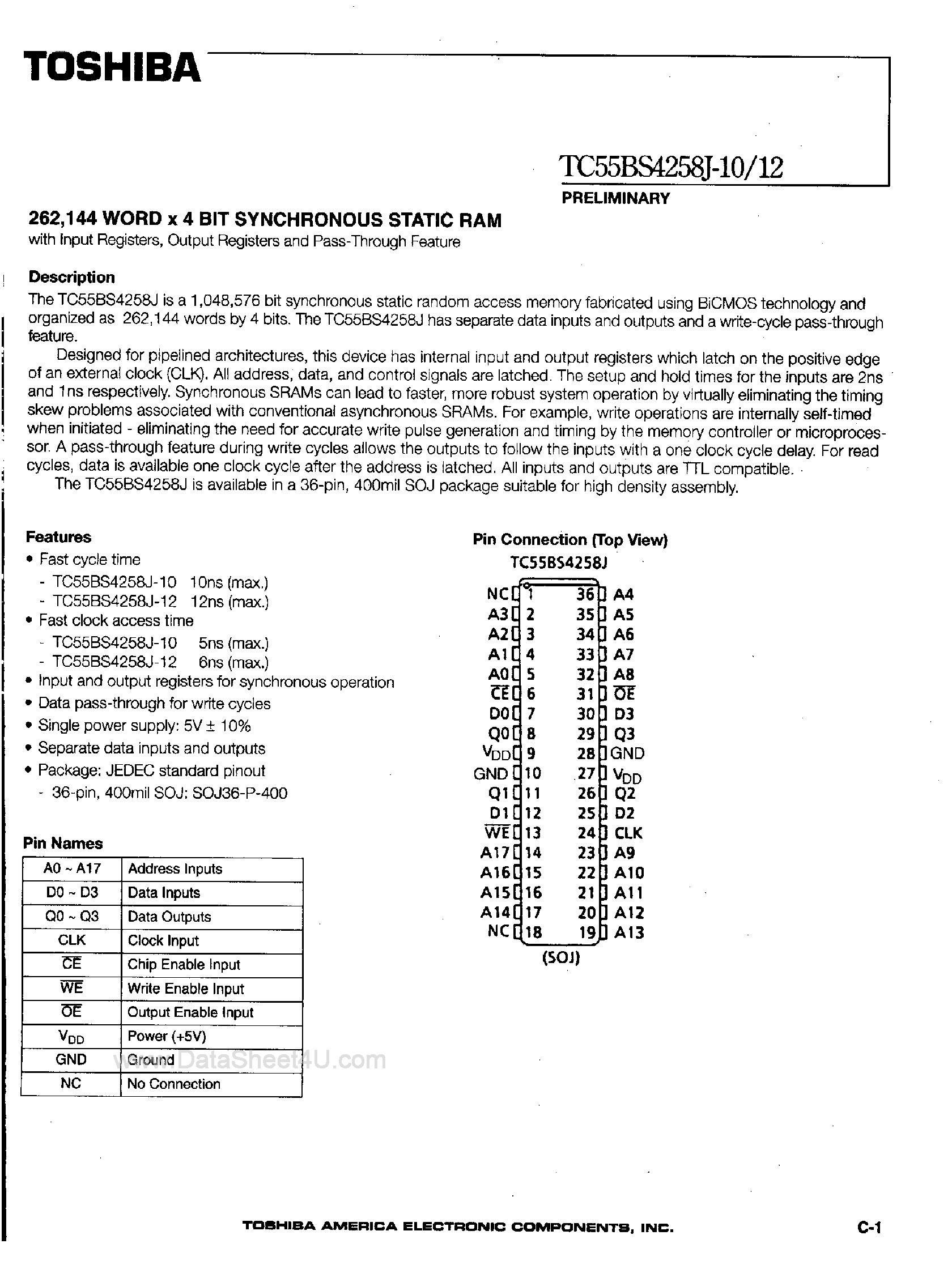 Datasheet TC55BS4258J page 1 Datasheet TC55BS4258J - 256K x 4-Bit Synchronous Static RAM page 1