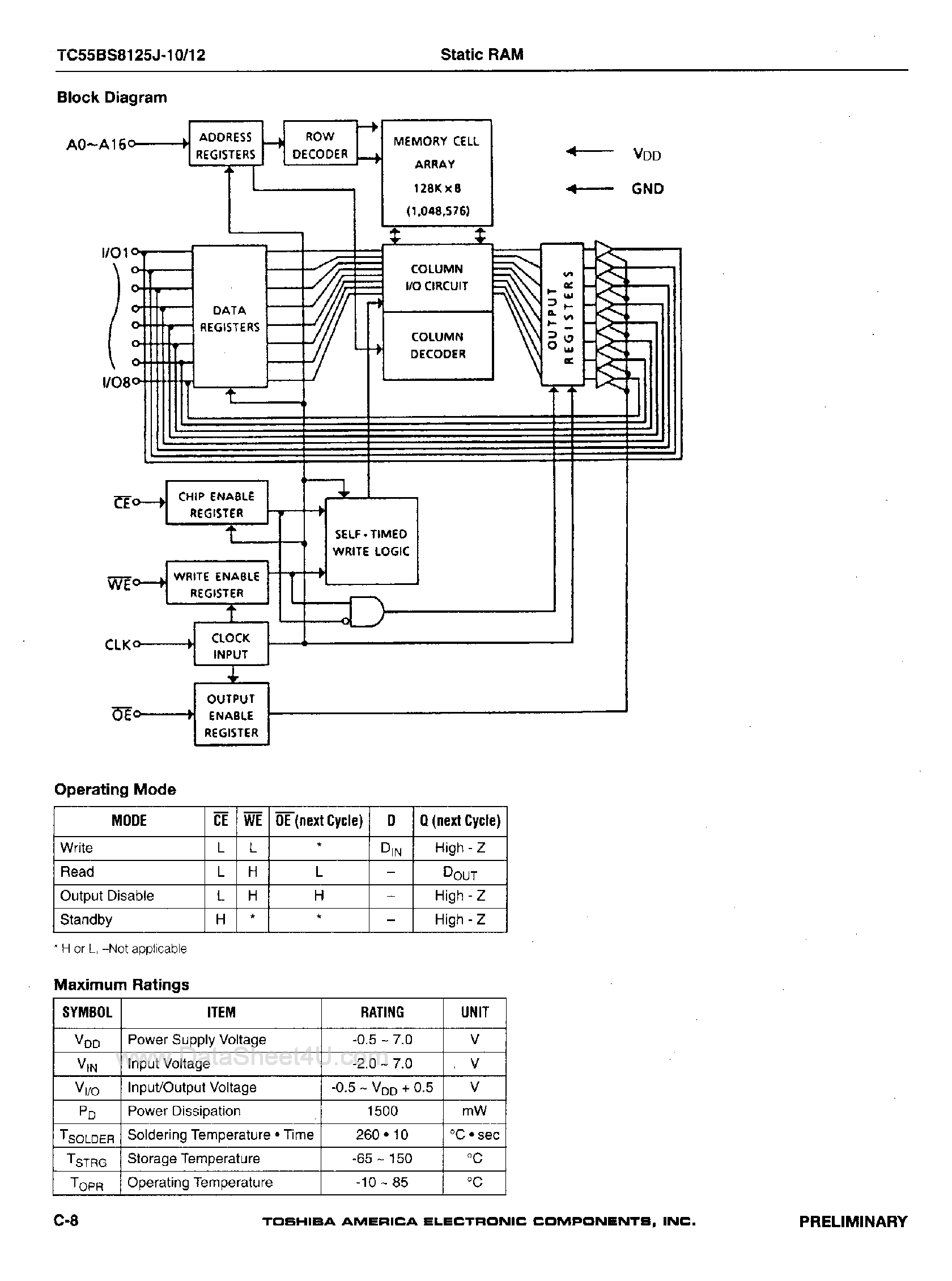 Даташит на микросхему TC55BS8125J страница 2 Даташит TC55BS8125J - 128K x 8-Bit Synchronous Static RAM страница 2
