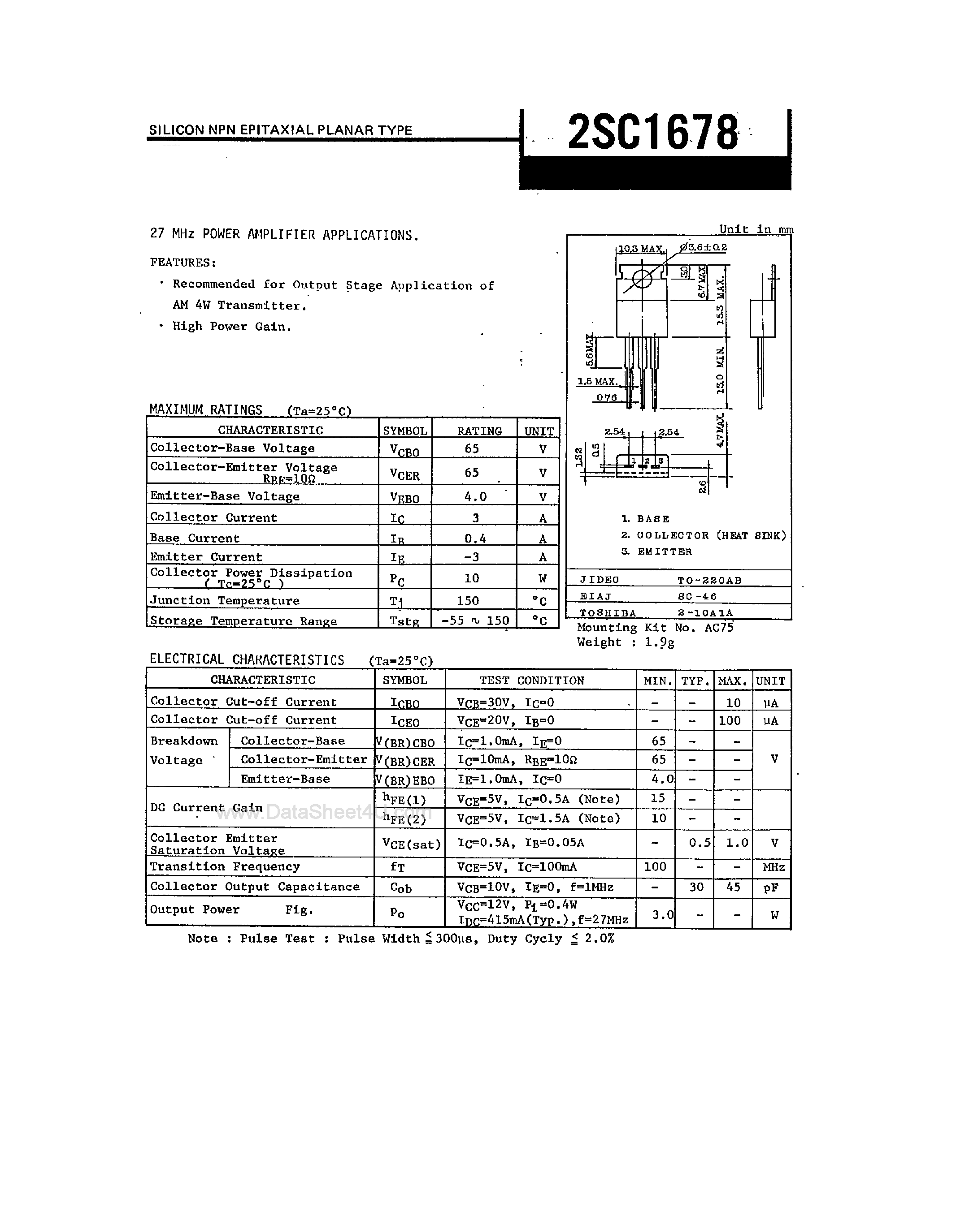 Datasheet 2SC1678 - SILICON NPN EPITAXIAL PLANAR TYPE page 1