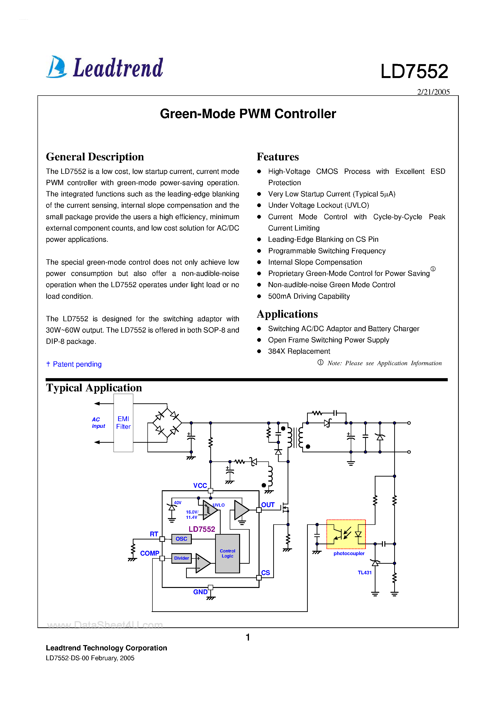 Даташит LD7552 - Green Mode PWM Controller страница 1