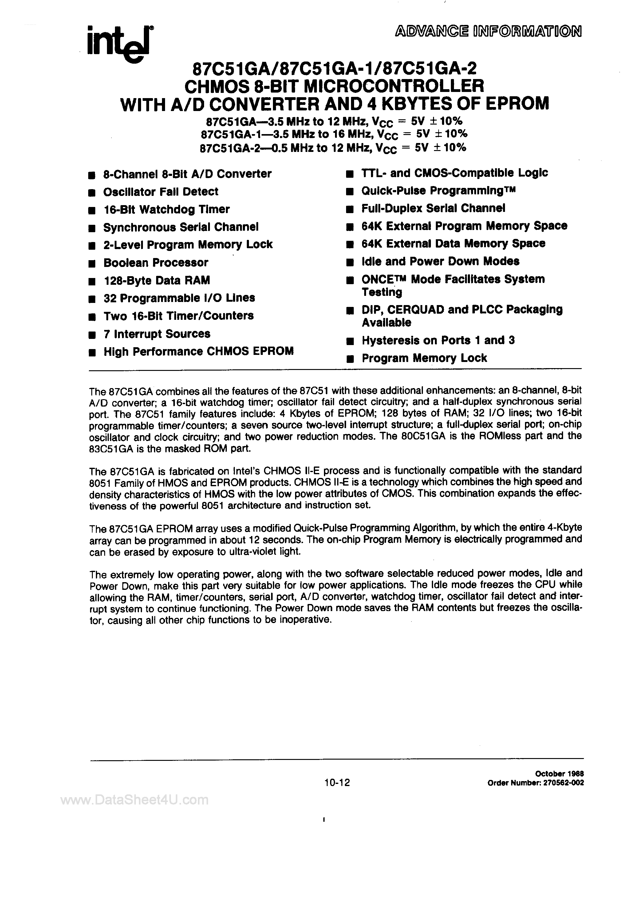 Datasheet N87C51GA page 1 Datasheet N87C51GA - CHMOS SINGLE-CHIP 8-BIT MICROCONTROLLER page 1
