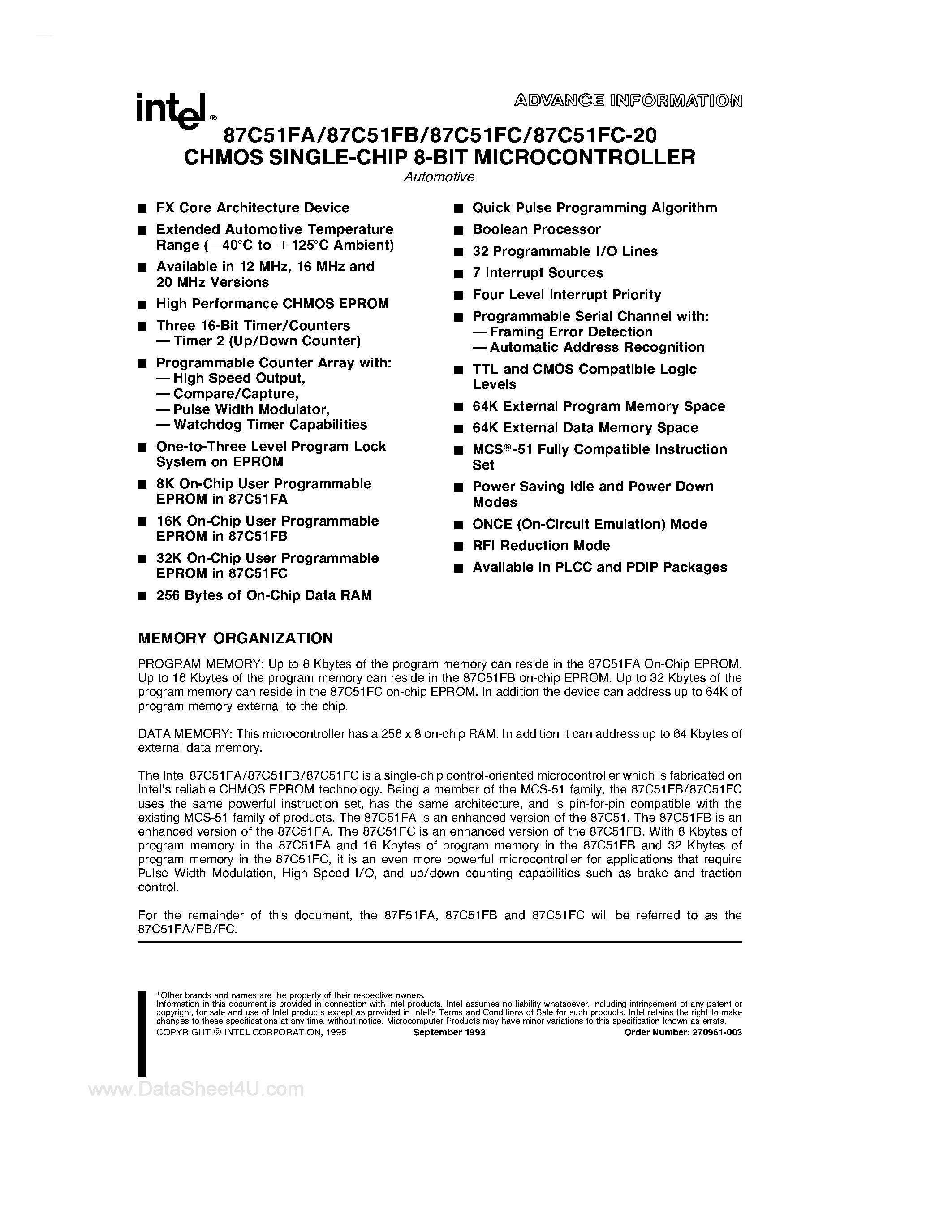 Datasheet N87C51FA page 1 Datasheet N87C51FA - (N87C51Fx) CHMOS SINGLE-CHIP 8-BIT MICROCONTROLLER page 1