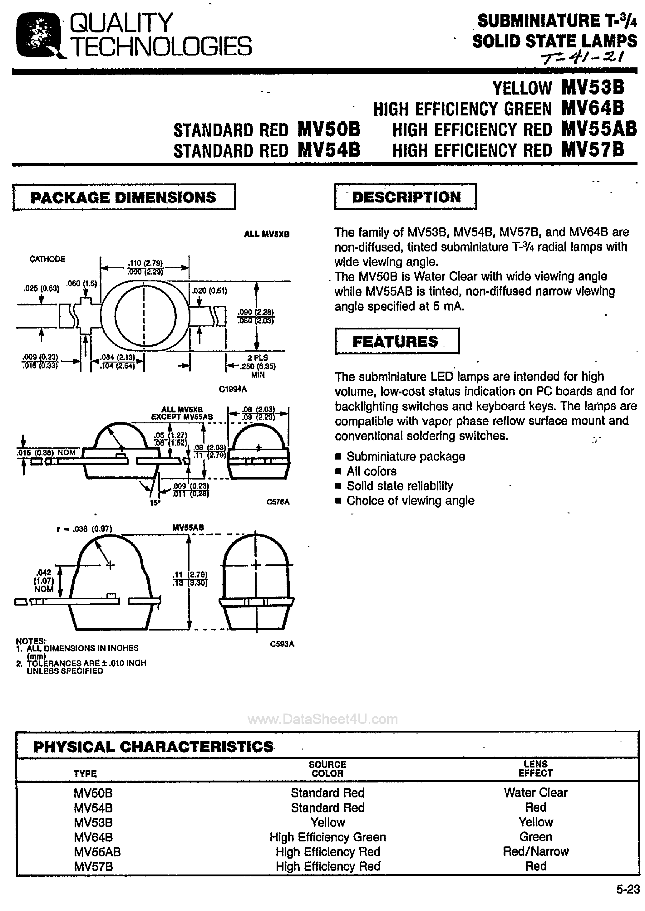 Datasheet MV50B - (MV5xB) Solid State Lamps page 1