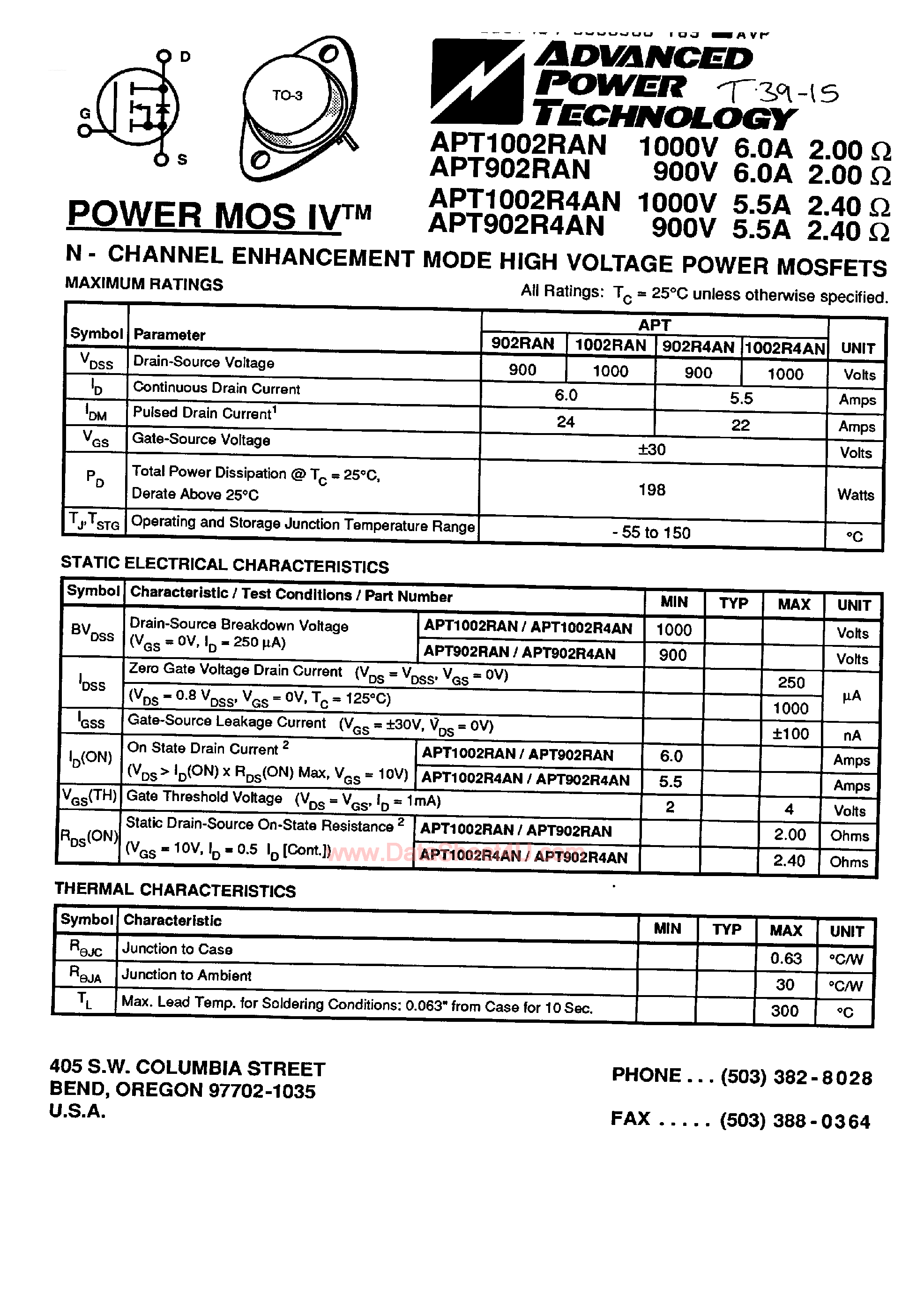 Datasheet APT1002R4AN - (APT Series) N-Channel Enhancement Mode High Voltage Power MOSFET page 1