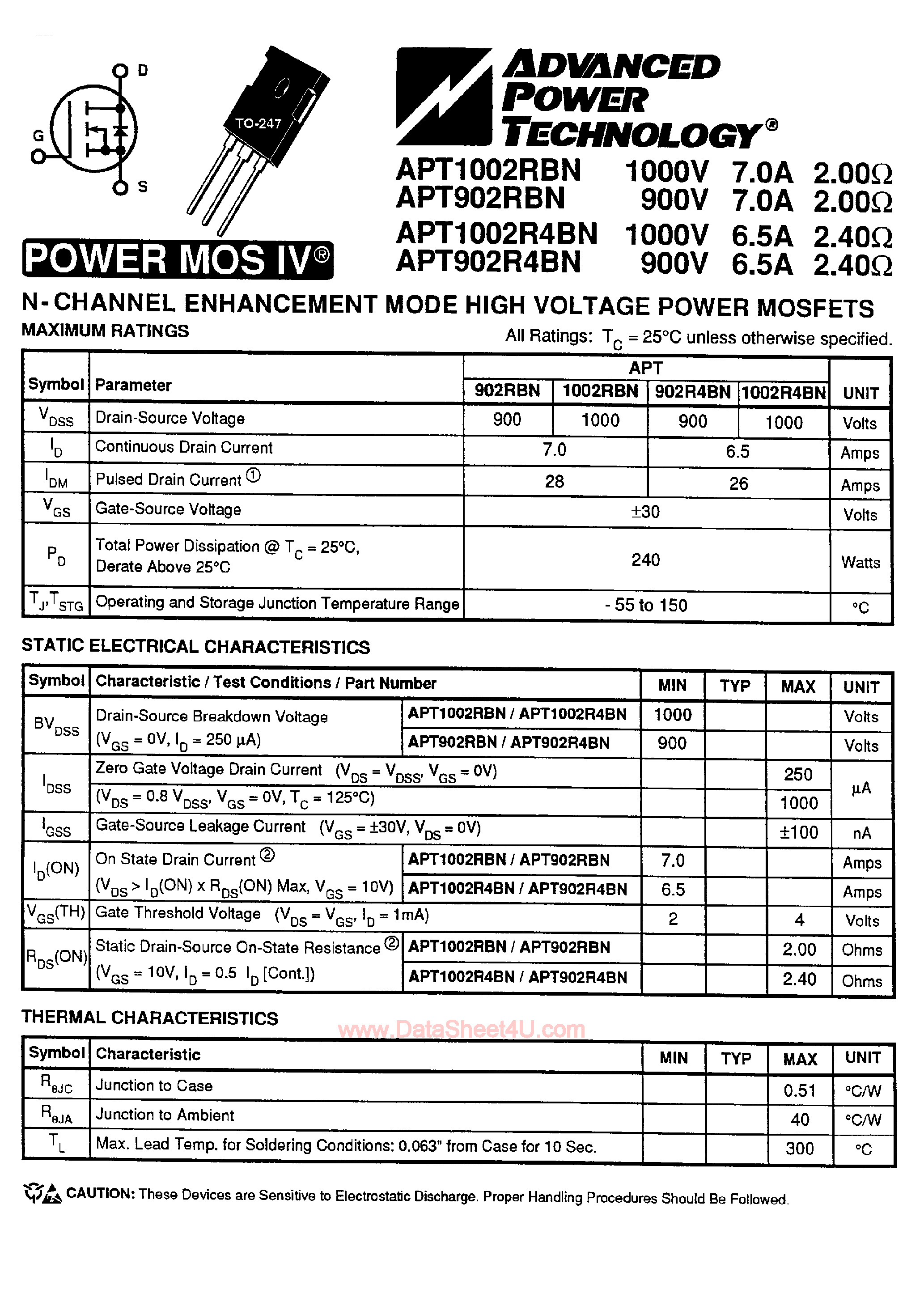 Datasheet APT1002R4BN - (APT Series) N-Channel Enhancement Mode High Voltage Power MOSFET page 1